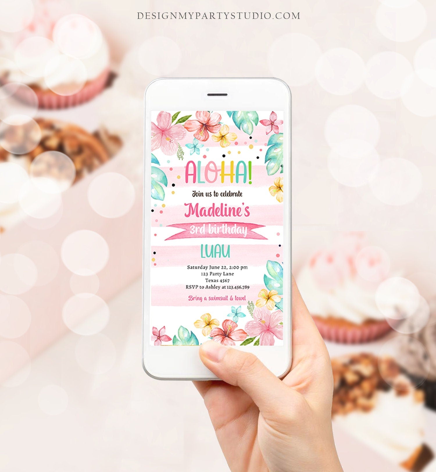 Editable Hawaiian Luau Birthday Evite Pineapple Birthday Pool Party Pink Girl Electronic Phone Digital Download Template Printable 0391