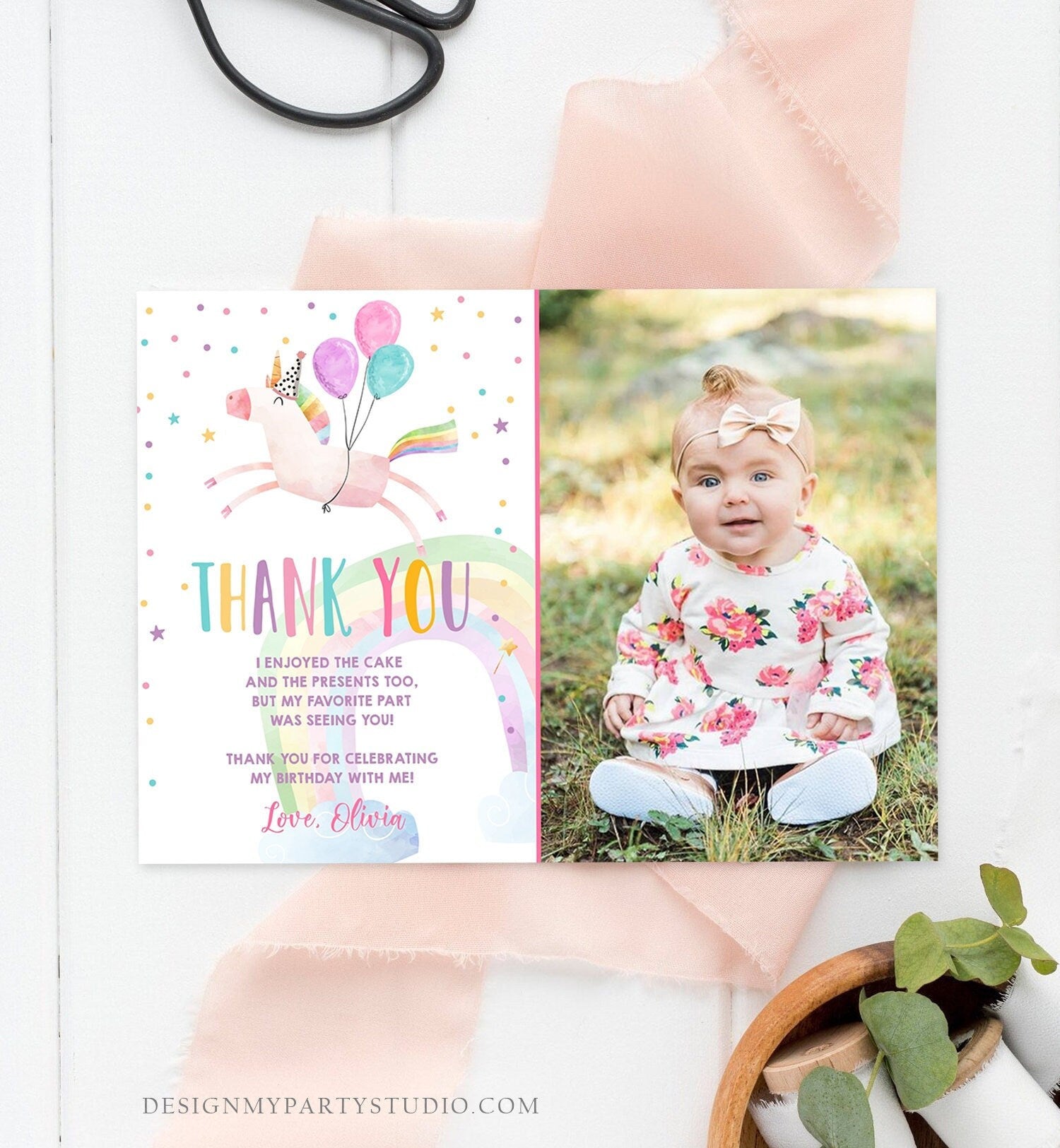 Editable Unicorn Thank You Card Girl Birthday Thank You Note Pink Gold Magical Party Baby Shower Digital Download Template Printable 0336