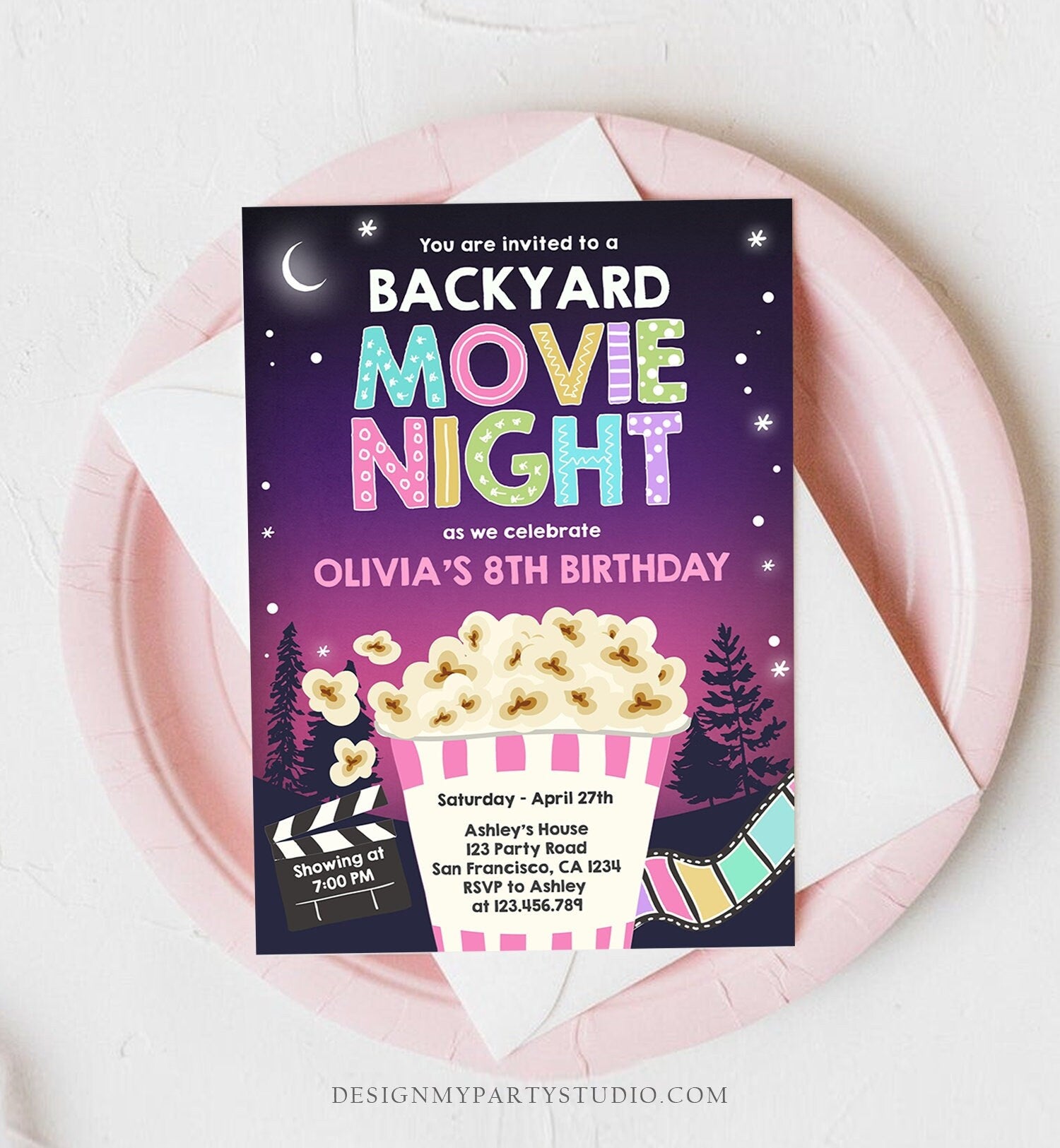 Editable Backyard Movie Night Birthday Invitation Girl Outdoor Movie Under The Stars Cinema Popcorn Sleepover Party Corjl Template 0367