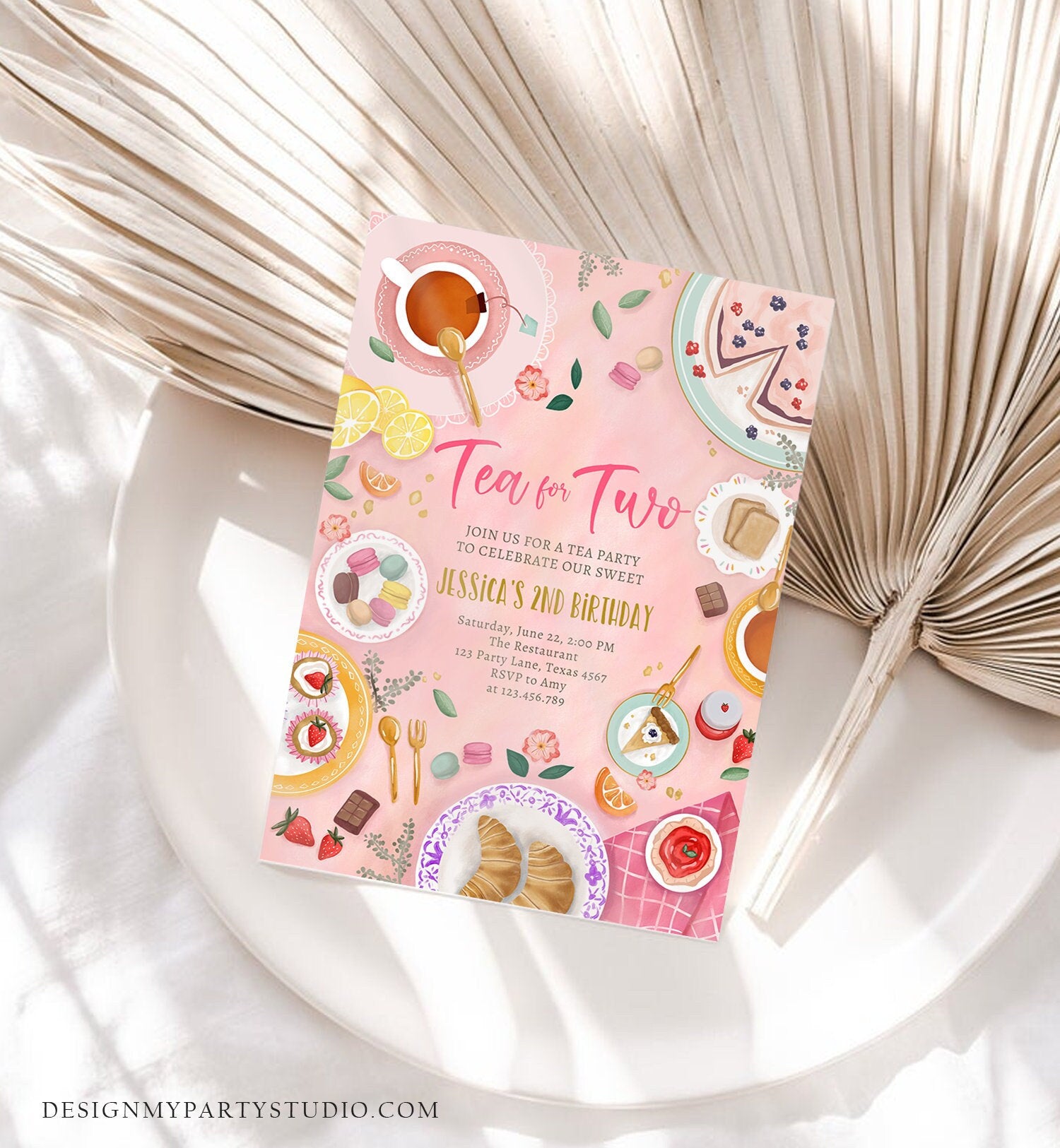 Editable Tea for Two Birthday Invitation Girl Tea Party Invite Pink Gold Floral Peach Pink Download Printable Template Corjl Digital 0478