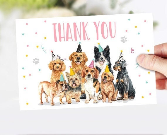 Dog Thank You Card Puppy Birthday Thank You Note Girl Pink Pawty Party Animals Pet Vet Shower Instant Digital Download Printable 0384
