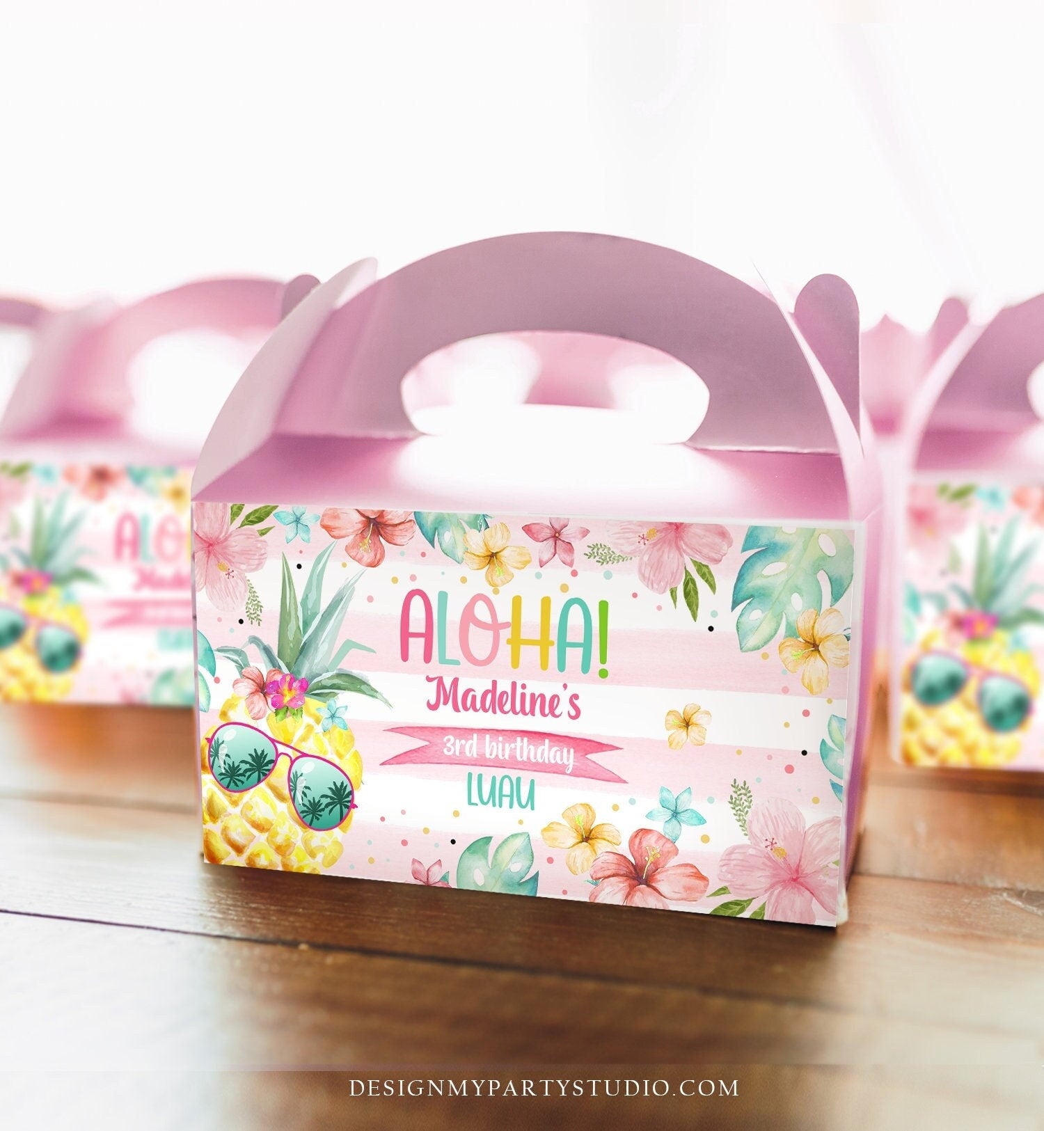 Editable Pineapple Gable Gift Box Label Hawaiian Luau Birthday Girl Treat Box Tropical Summer Pool Party Digital Template Printable 0391