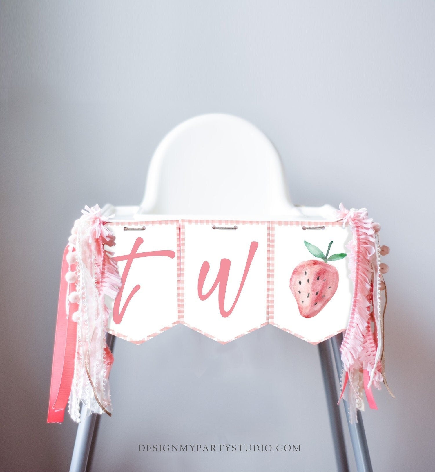 Strawberry High Chair Banner Berry 2nd Birthday Girl Strawberry Birthday Garland High Chair Banner TWO Party Decor Digital Printable 0399