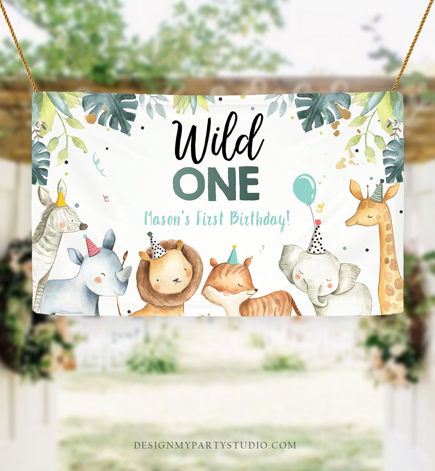 Editable Party Animals Birthday Backdrop Banner Safari Animals Boy Wild One 1st Welcome Sign Digital Download Template Printable 0163