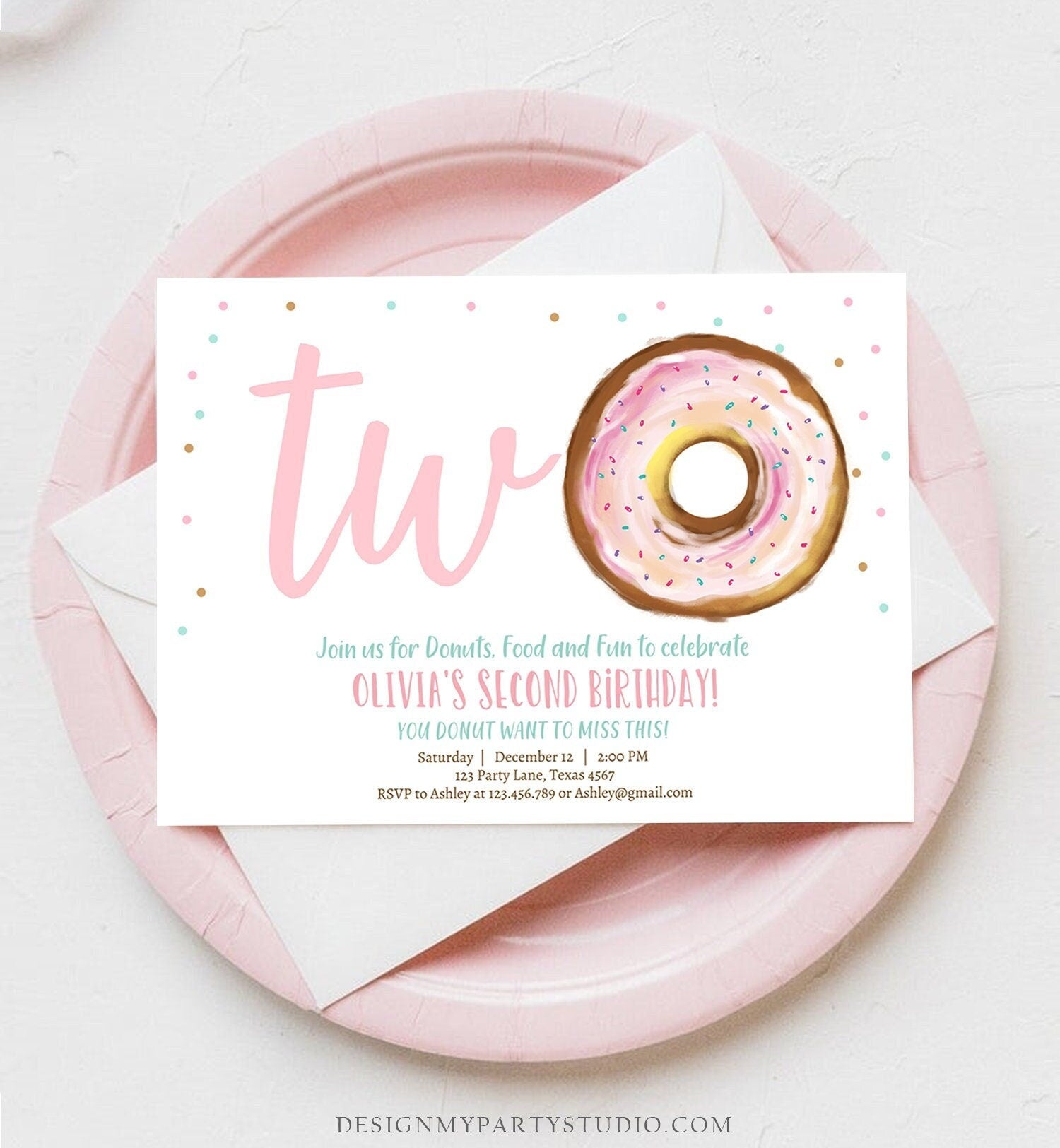 Editable Donut 2nd Birthday Invitation Second Birthday Invite Pink Donut Girl Two Sweet Party Digital Download Printable Template Corjl 0368