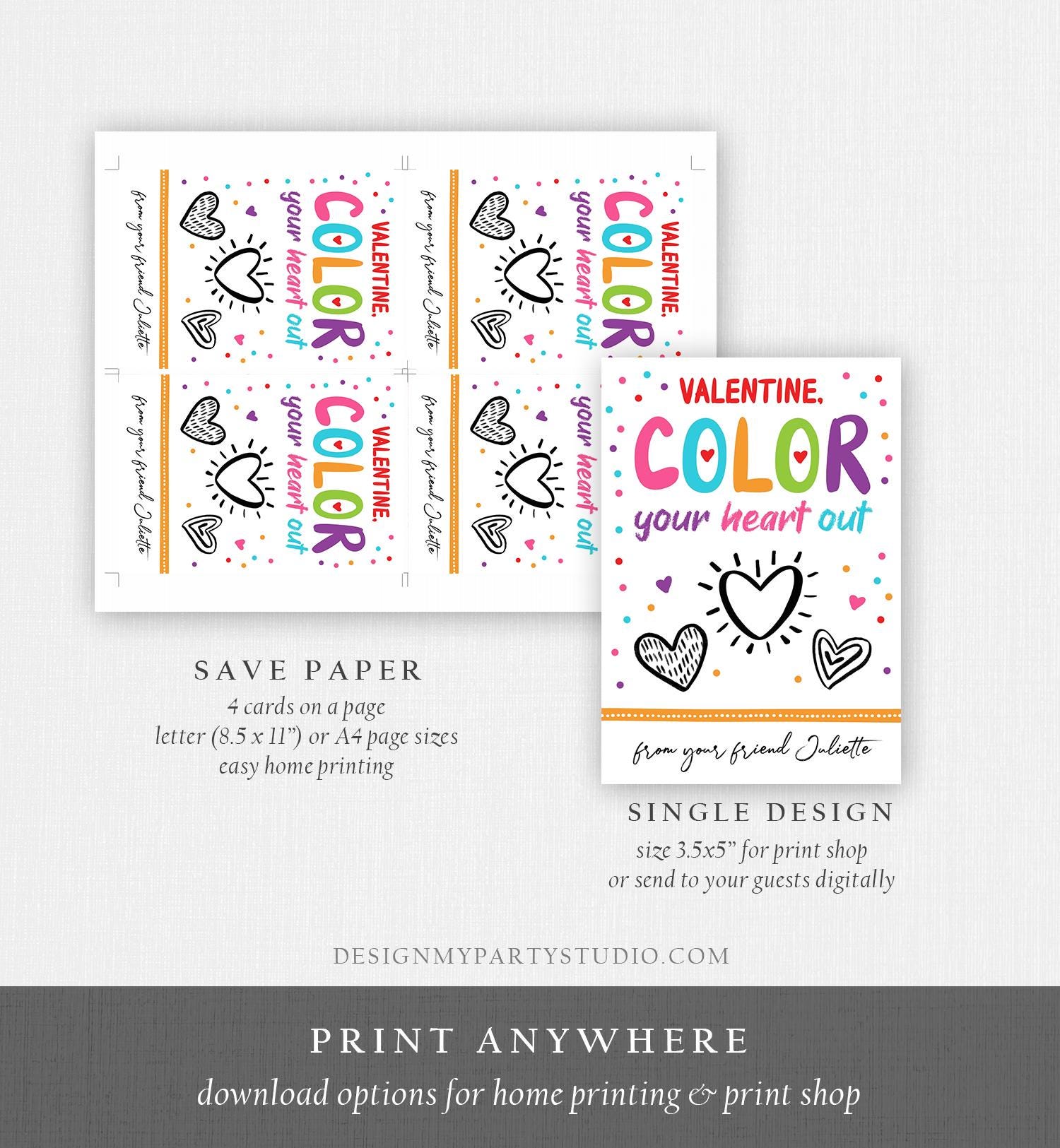 Editable Valentine's Day Crayon Card Color Your Heart Out Valentines Day Card for Kids Printable Personalized Digital PRINTABLE 0370