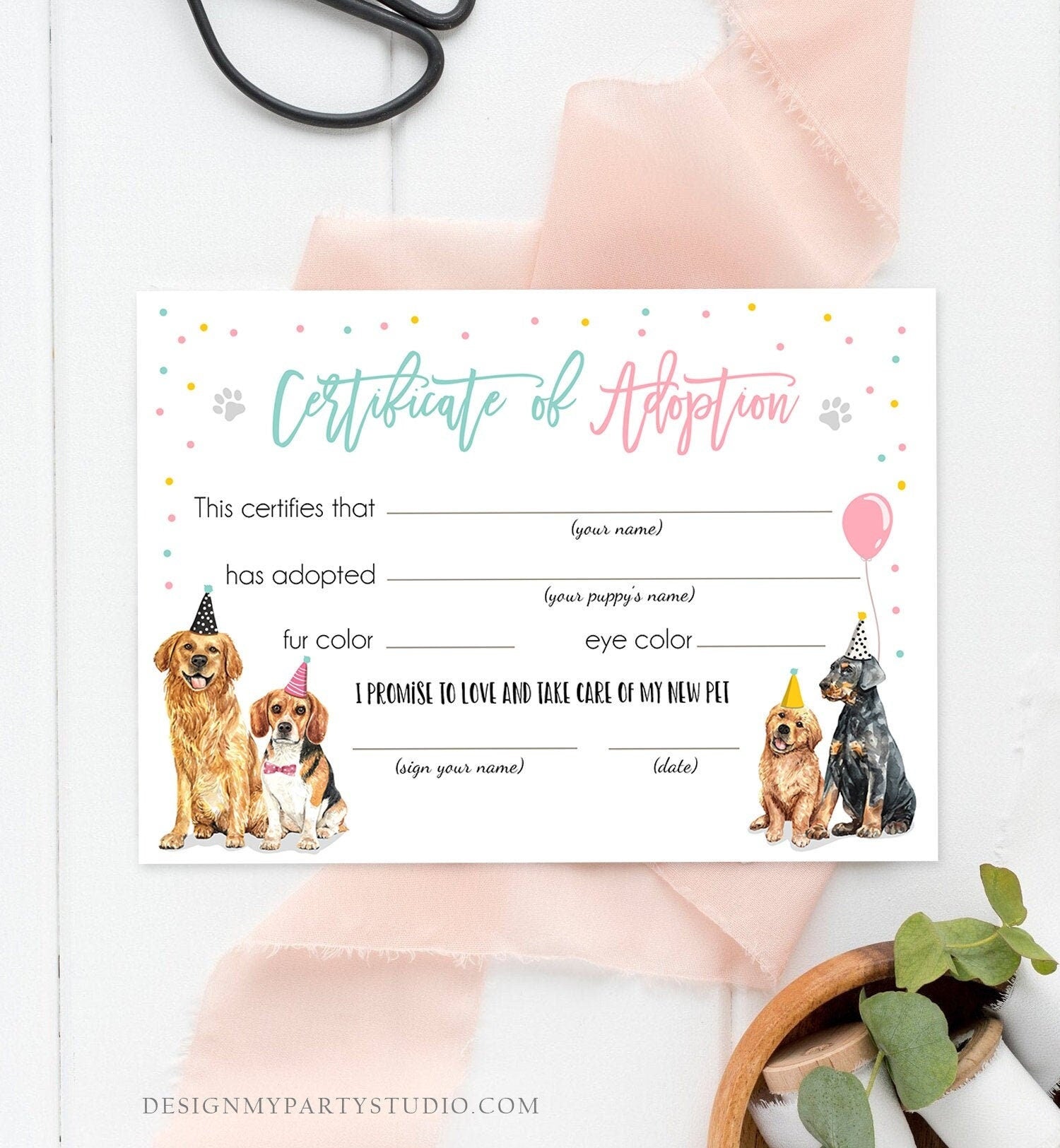 Pet Adoption Certificate Puppy Adoption Dog Birthday Party Adopt A Pet Girl Pink Vet Puppy Adoption Instant Download Digital Printable 0384