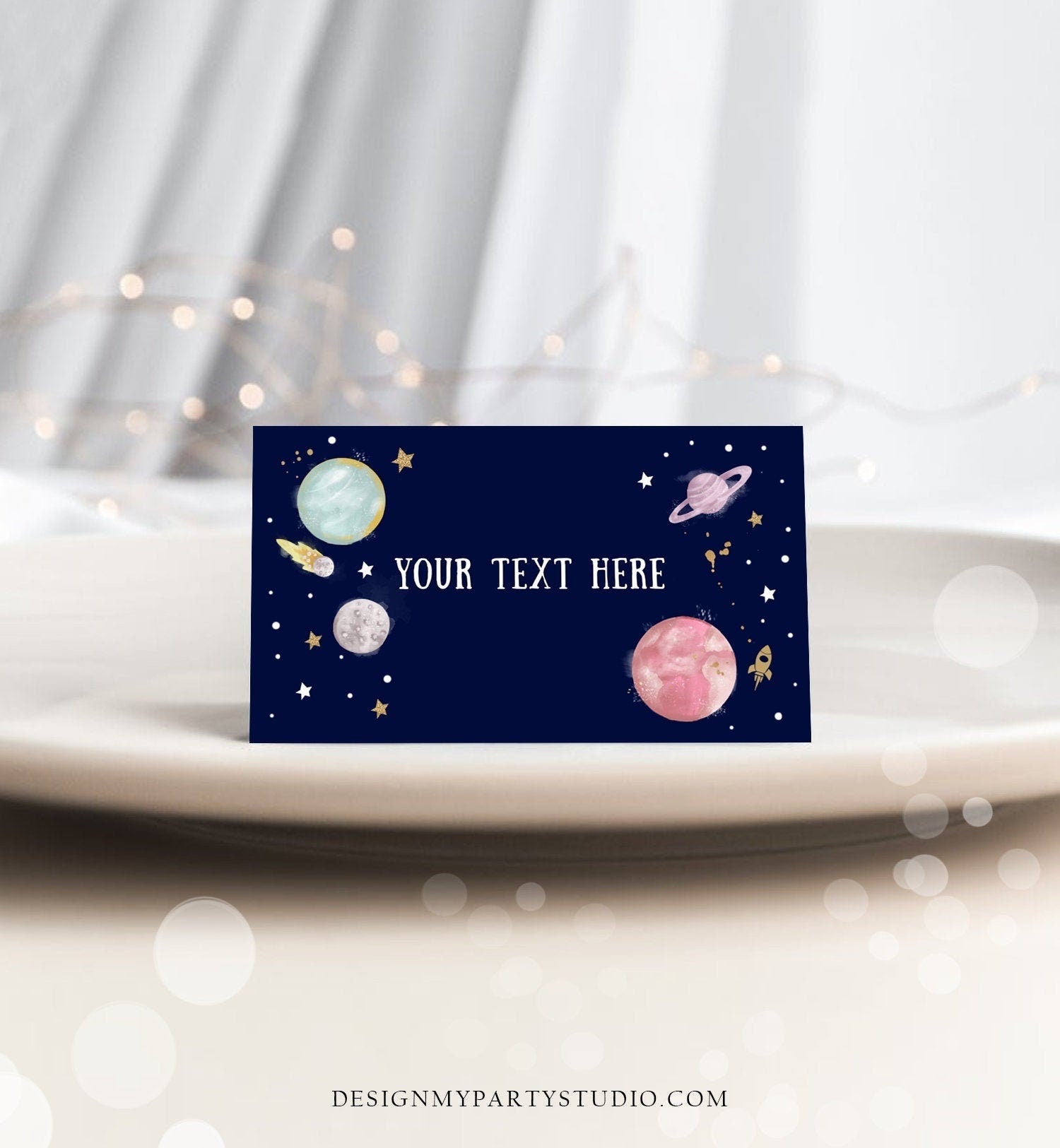 Editable Food Labels Outer Space Birthday Galaxy Food Labels Place Card Tent Card Escort Card Pink Girl Around the Sun Template Corjl 0357