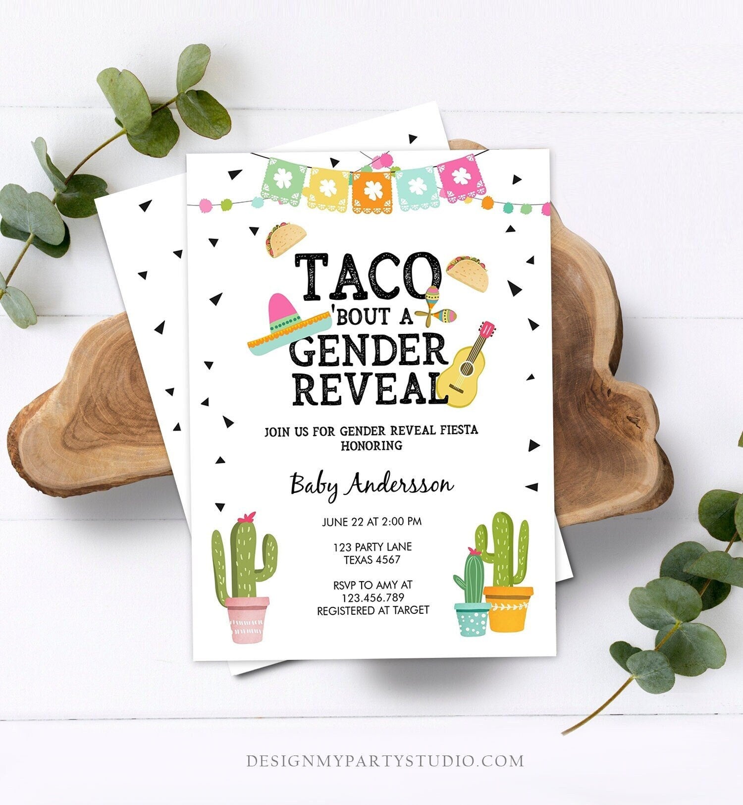 Editable Taco Bout a Gender Reveal Invitation Cactus Mexican Fiesta He or She Boy or Girl Party Digital Download Template Printable 0161