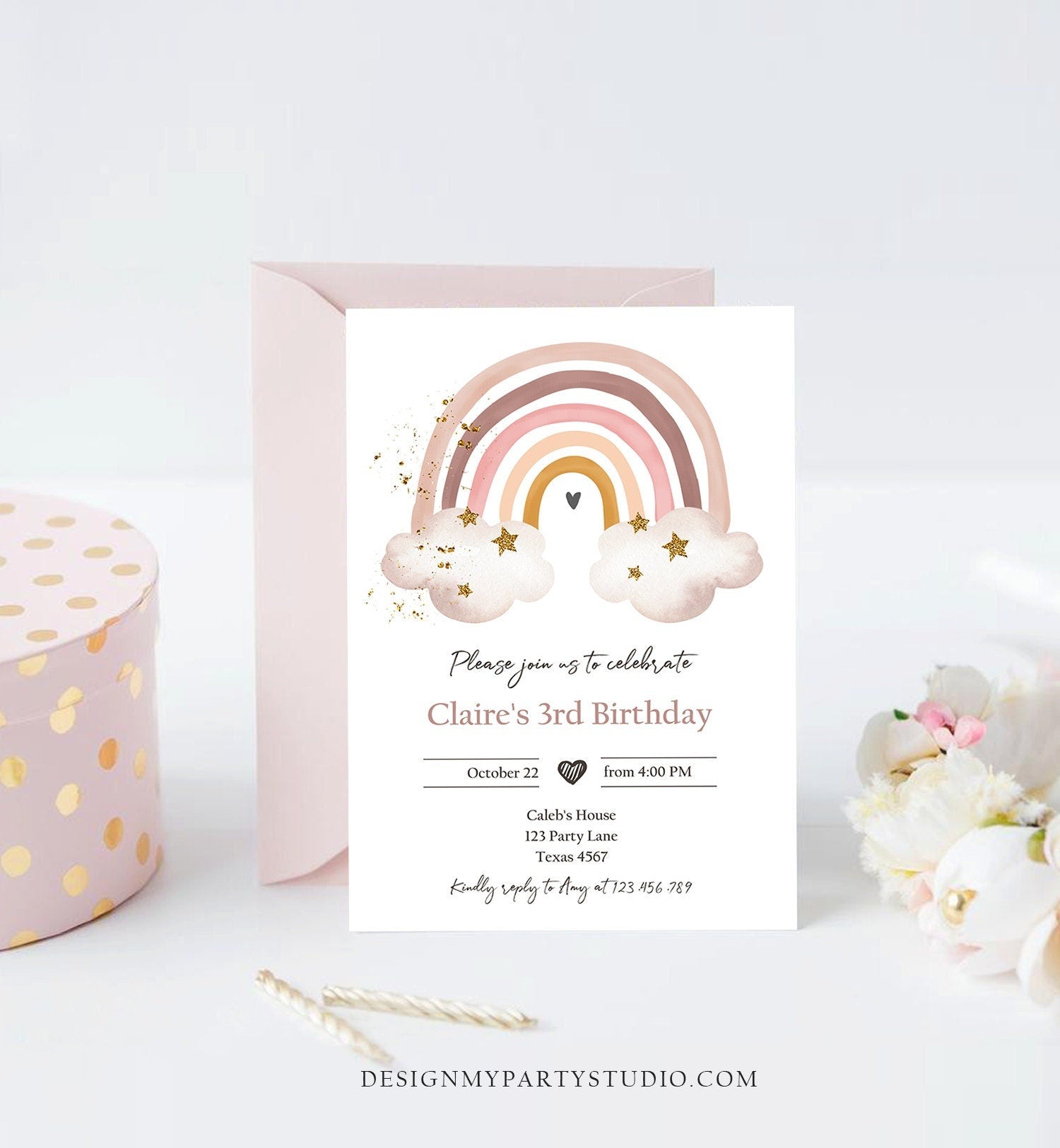 Editable Rainbow Birthday Invitation Rustic Boho Magical Rainbow Pastel 1st Girls Party Digital Download Evite Template Printable 0387