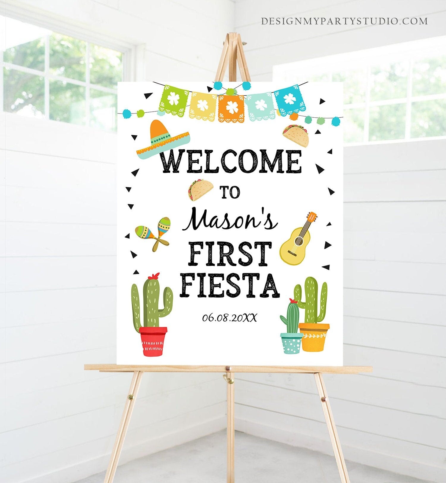Editable Fiesta Welcome Sign First Birthday Fiesta Cactus Mexican Taco Bout Succulent Boy 1st Table Sign Digital Template Printable 0161