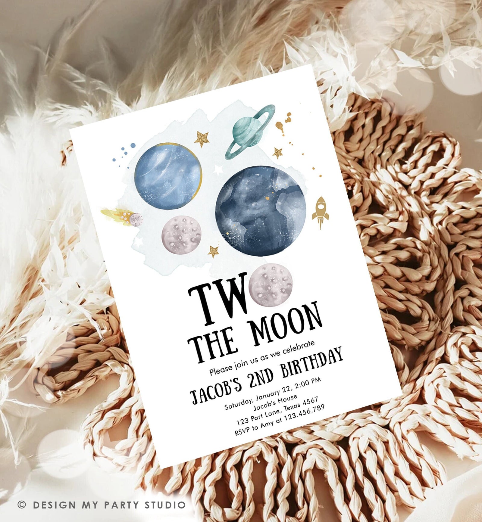 Editable Two the Moon 2nd Second Birthday Invitation Space Planets Rocket Astronaut Galaxy Digital Download Evite Template Printable 0357