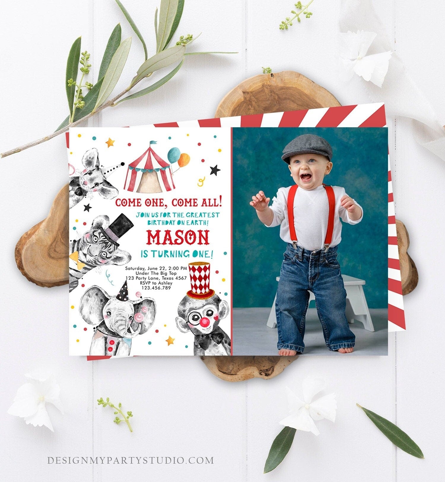 Editable Circus Birthday Invitation Party Animals Circus Carnival Festival Come All Come One Boy Digital Download Template Printable 0355
