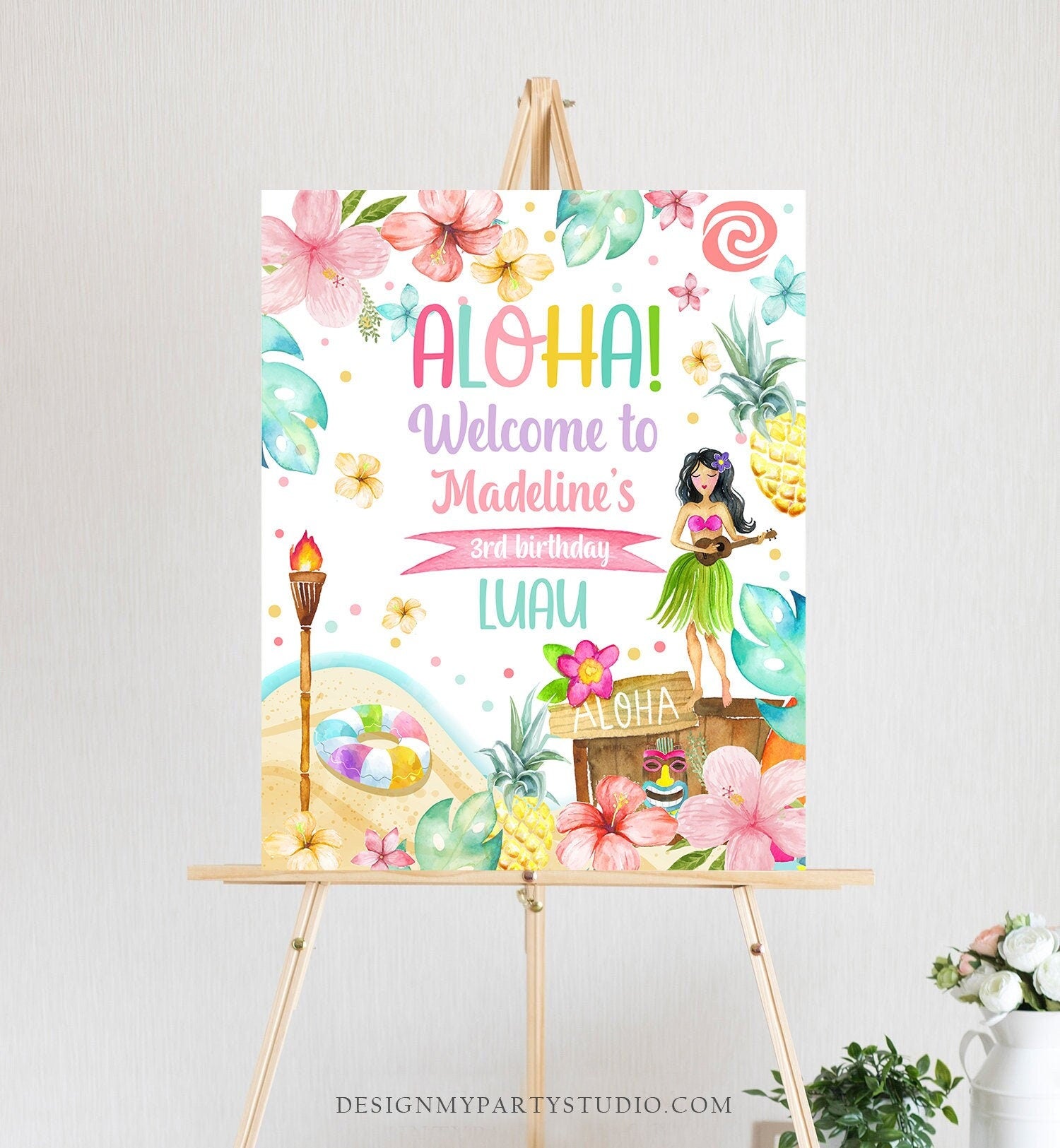 Editable Luau Birthday Welcome Sign Tropical Hawaiian Luau Birthday Sign Girl Pink Aloha Party Poster Digital Template Printable 0413