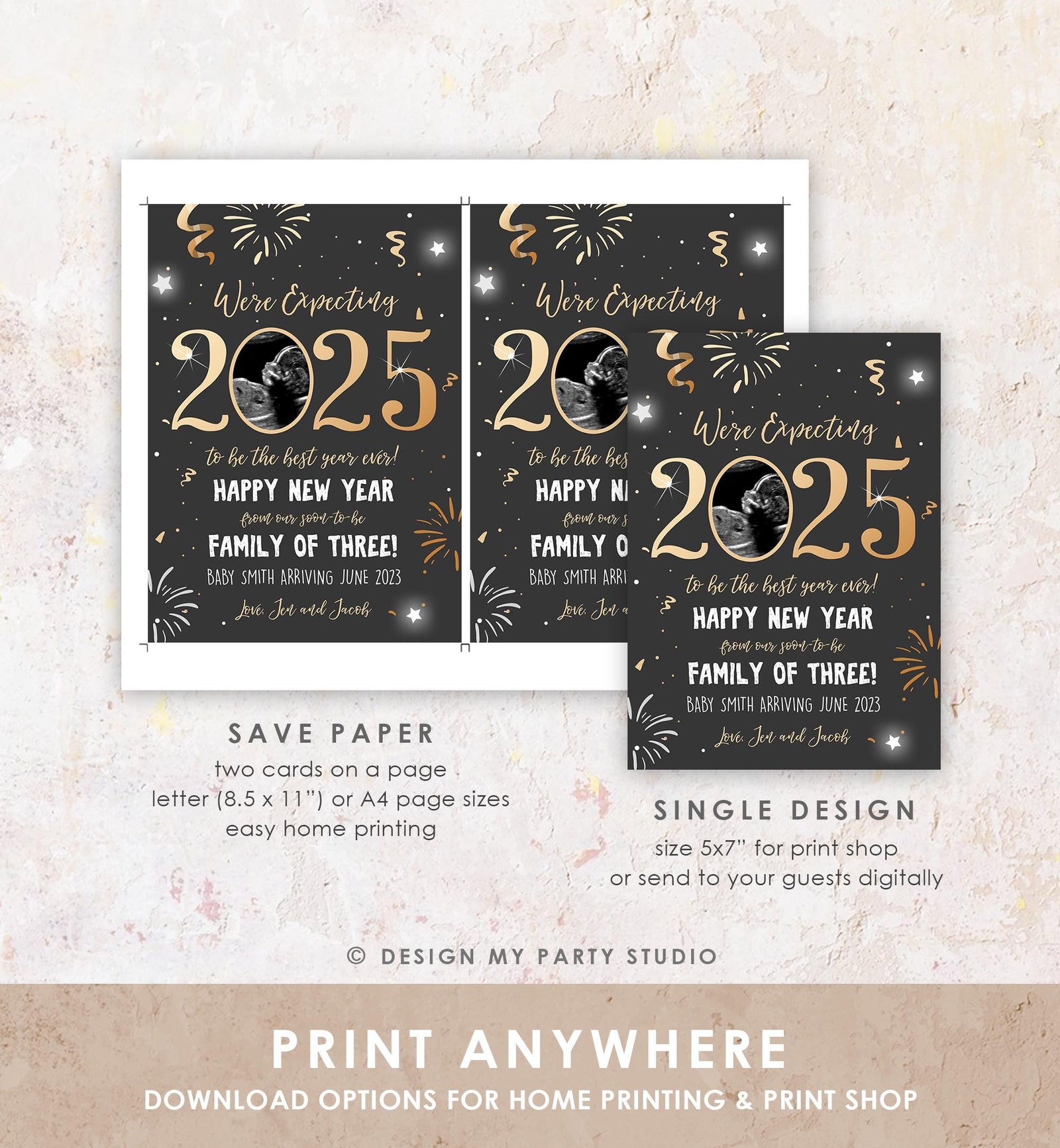 Editable New Year Pregnancy Reveal Card Pregnancy Announcement New Years 2025 Ultrasound Card Instant Download Digital Corjl Template 0280