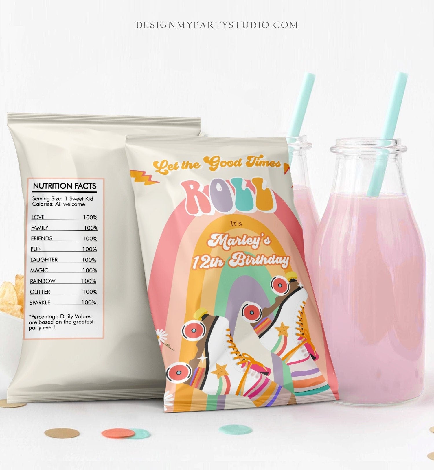 Editable Roller Skate Party Chip Bag Skating Party Decor Girl Rainbow Birthday Roller Rink Party Snack Favor Digital Template Printable 0435