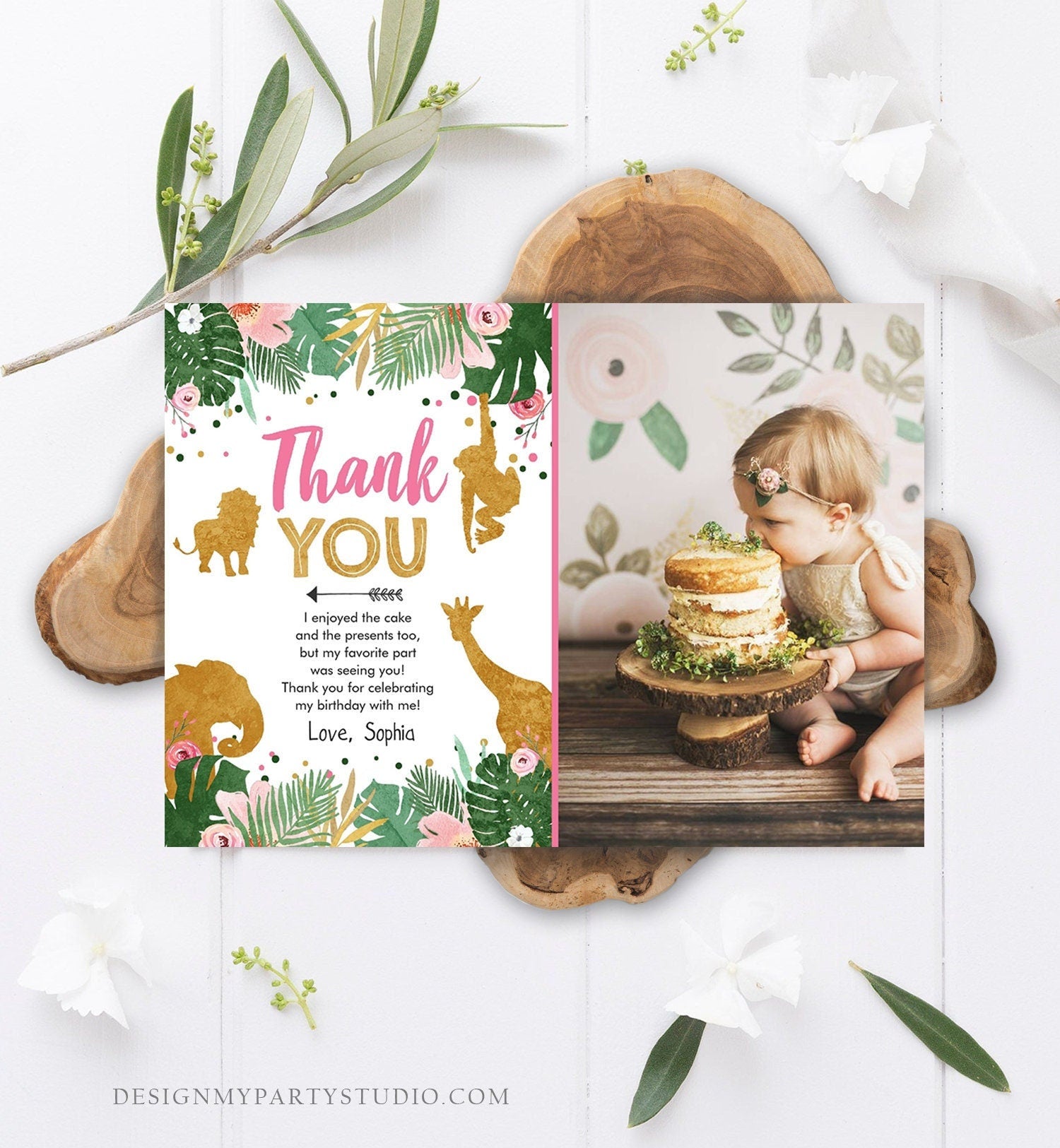 Editable Thank You Card Safari Animals Wild One Thank You Note Black Photo Girl Pink Gold Jungle Zoo Animals Digital Template Printable 0016