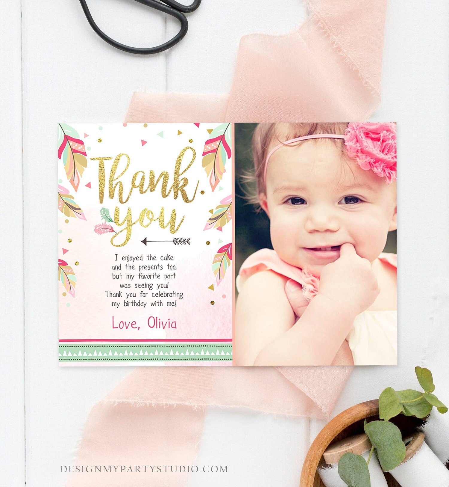 Editable Thank You Card Birthday Thank You Note Tribal Feathers Pink Mint Gold Wild One Digital Download Template Printable 0038