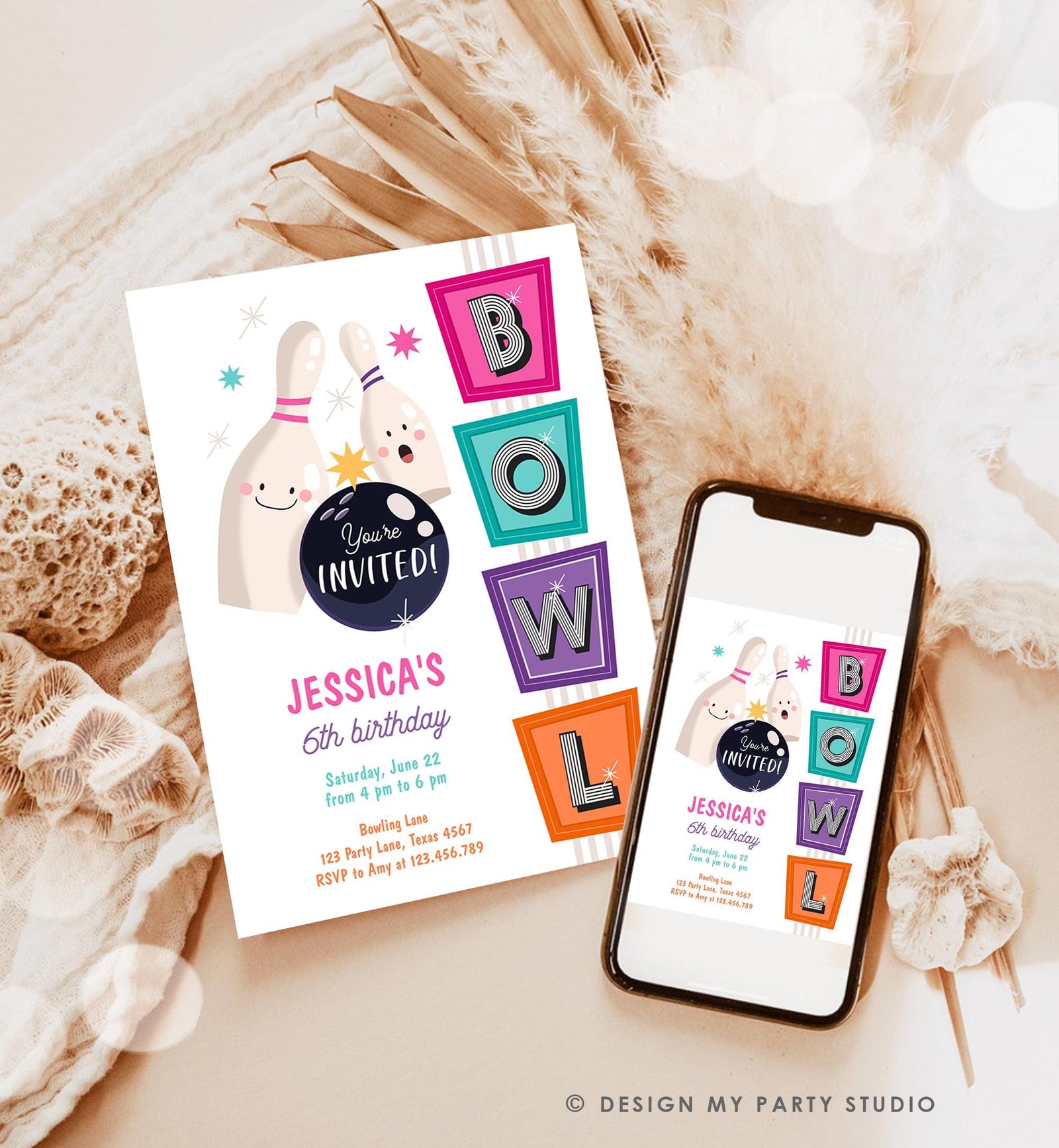 Editable Bowling Birthday Invitation Strike Up Some Fun Girl Pink Bowling Party Pizza Teen Retro Digital Download Template Printable 0505