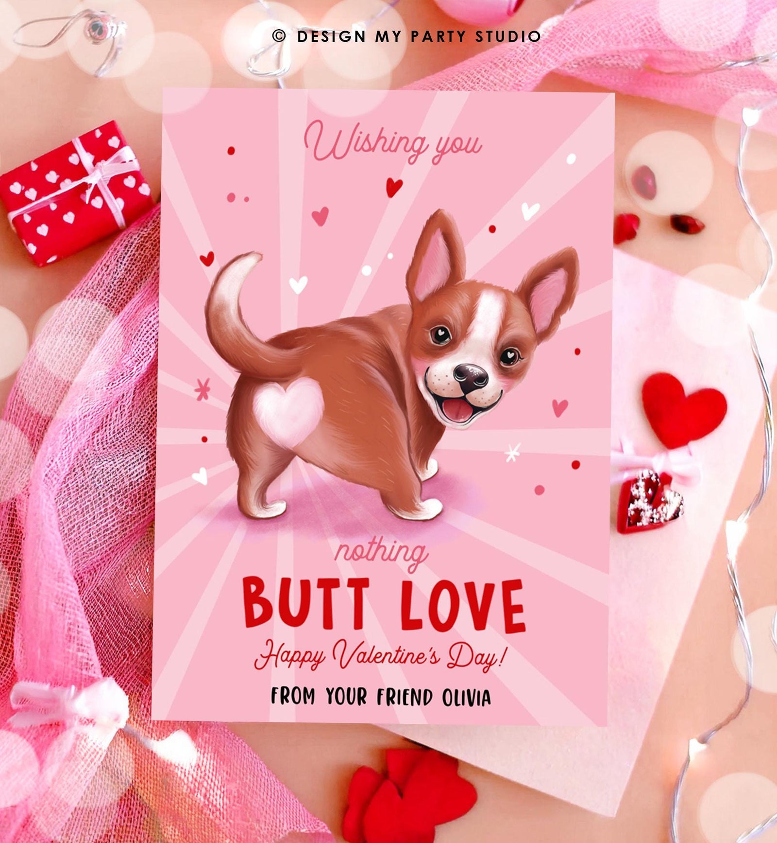 Editable Funny Valentine's Day Tag Butt Love Dog Puppy Valentine Gift Tag Kids School Classroom Card Digital Template Printable 0370