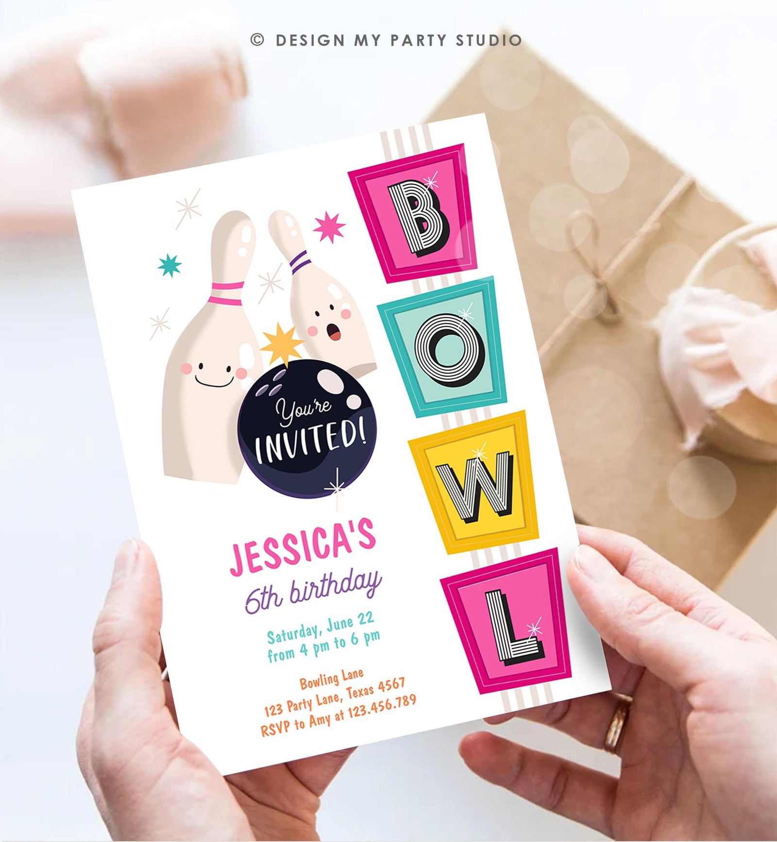 Editable Bowling Birthday Invitation Strike Up Some Fun Girl Pink Bowling Party Pizza Teen Retro Digital Download Template Printable 0505