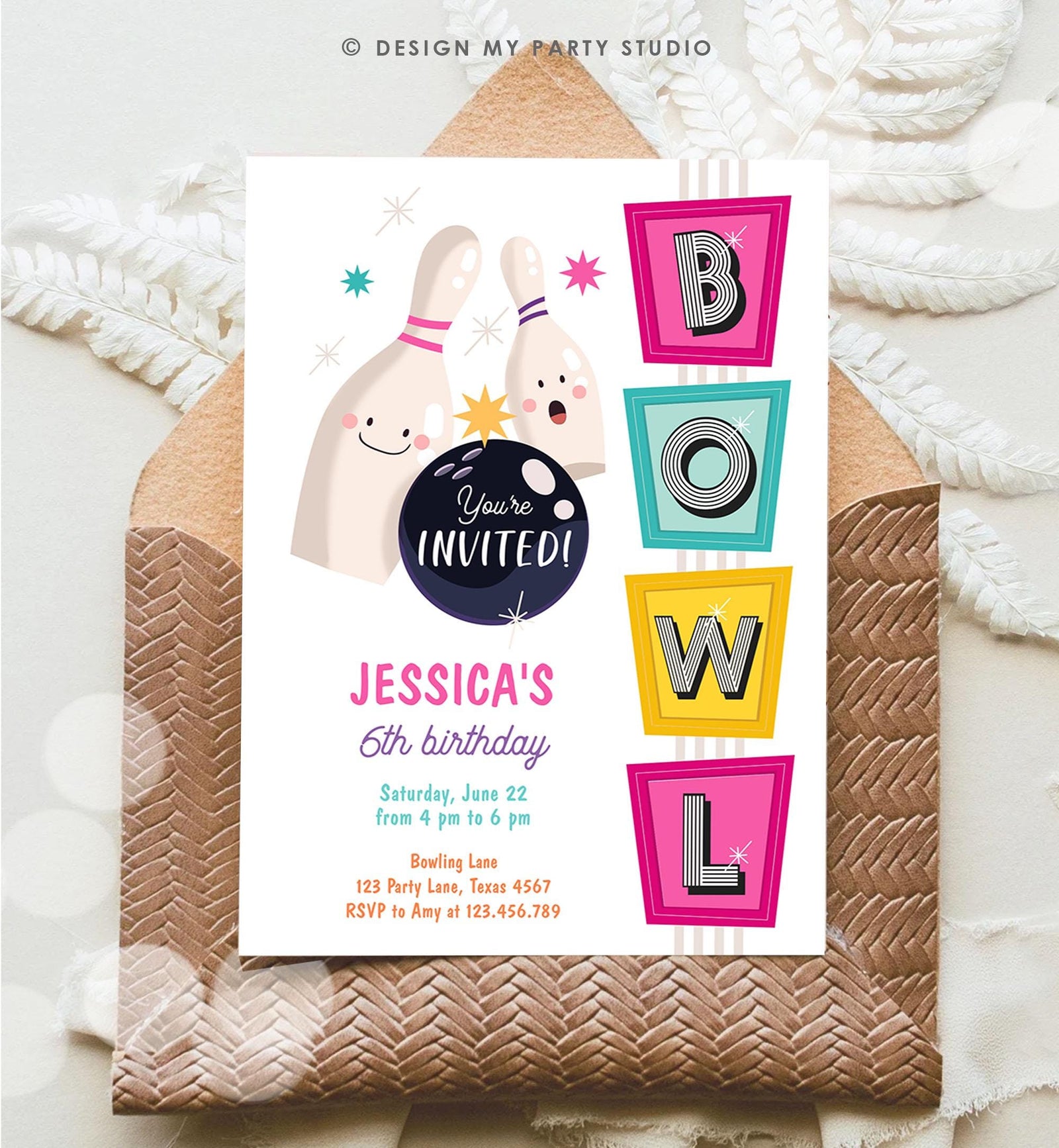 Editable Bowling Birthday Invitation Strike Up Some Fun Girl Pink Bowling Party Pizza Teen Retro Digital Download Template Printable 0505