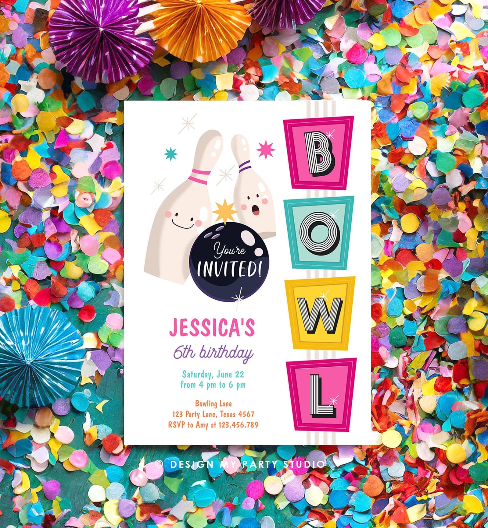 Editable Bowling Birthday Invitation Strike Up Some Fun Girl Pink Bowling Party Pizza Teen Retro Digital Download Template Printable 0505