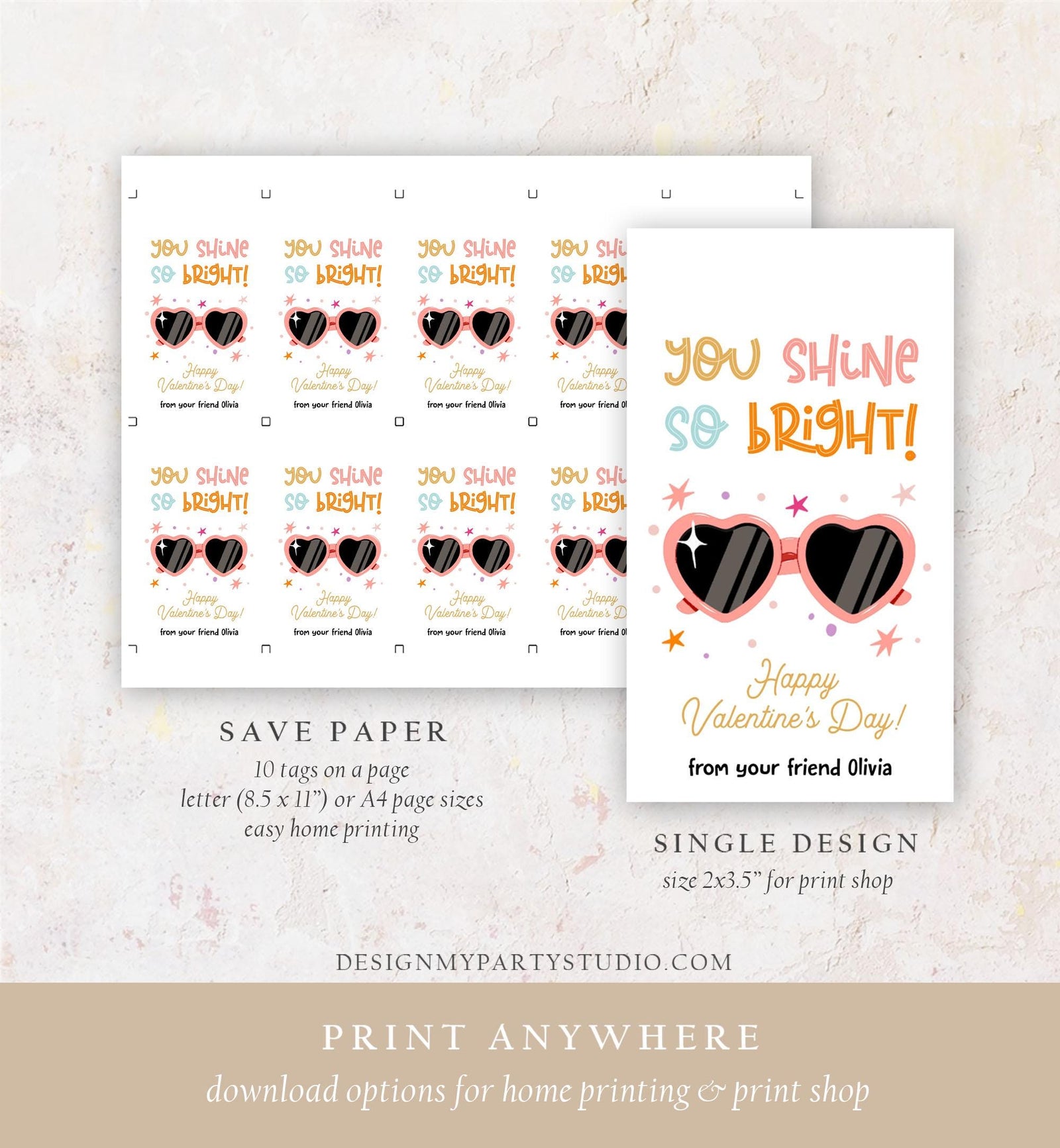 Editable Sunglasses Valentines Tag Valentines Glasses you Shine Bright Treat Non Candy Kids School Classroom Digital Template Printable 0370