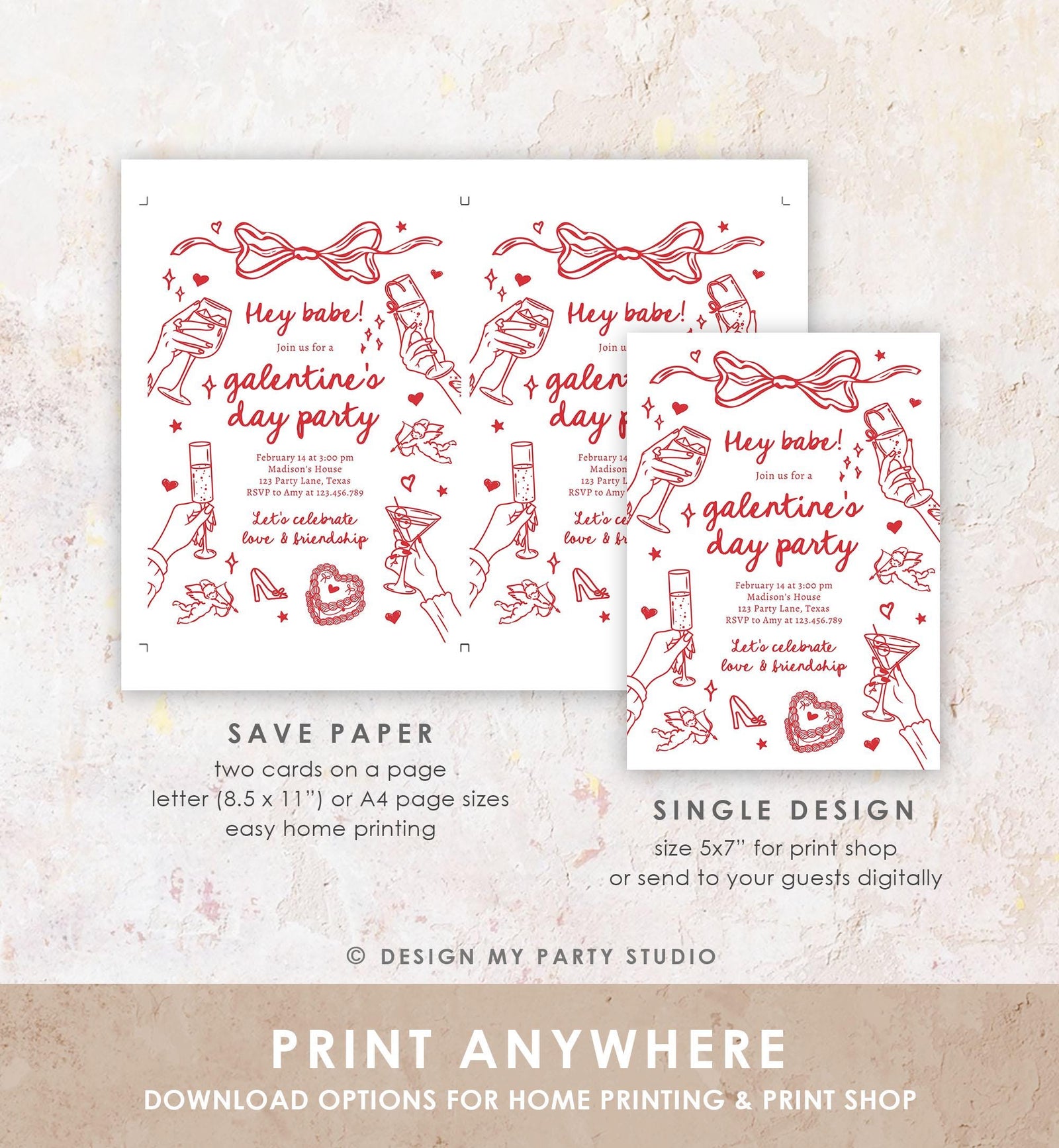 Editable Galentine's Day Invitation Galentines Party Valentine Friends Girls Night Hand Drawn Coquette Bow Cupid Evite Template Digital 0530