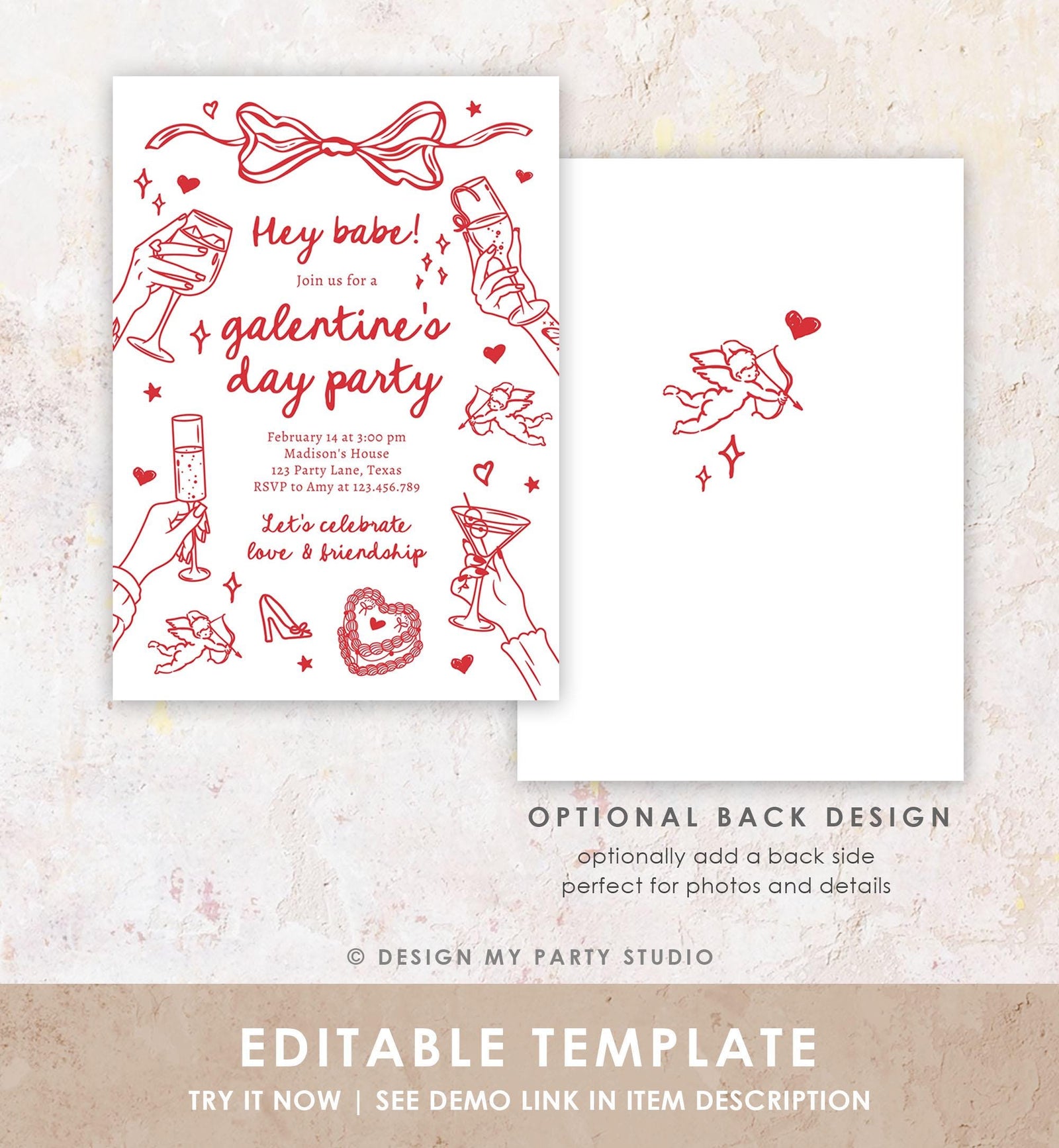 Editable Galentine's Day Invitation Galentines Party Valentine Friends Girls Night Hand Drawn Coquette Bow Cupid Evite Template Digital 0530