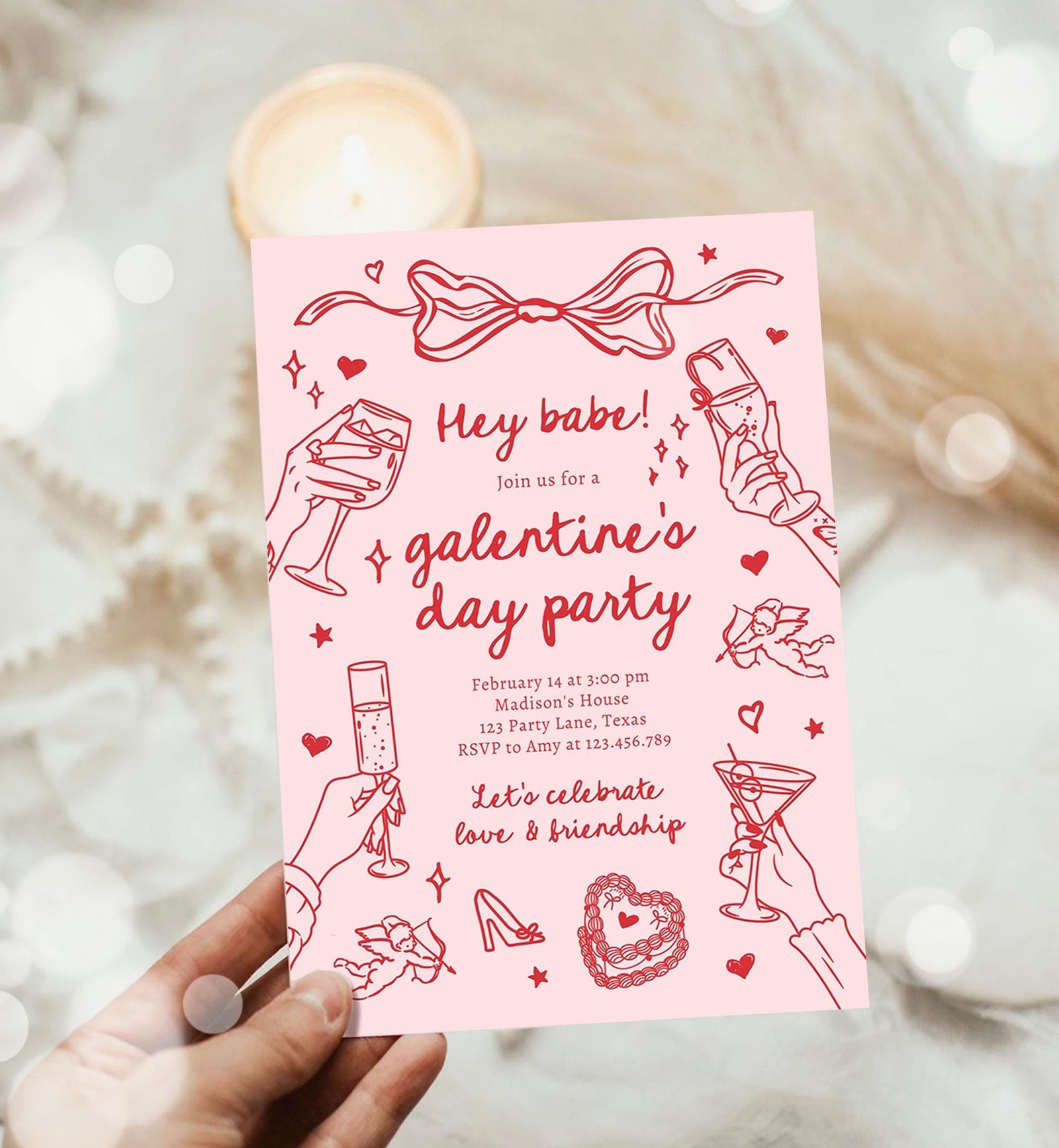 Editable Galentine's Day Invitation Galentines Party Valentine Friends Girls Night Hand Drawn Coquette Bow Cupid Evite Template Digital 0530