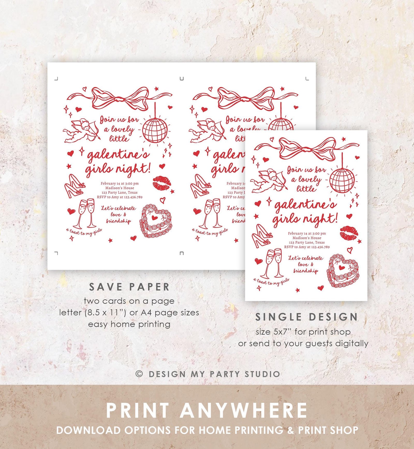 Editable Galentine's Day Invitation Galentines Girls Night Valentine Friends Hand Drawn Coquette Bow Cupid Evite Template Digital 0530