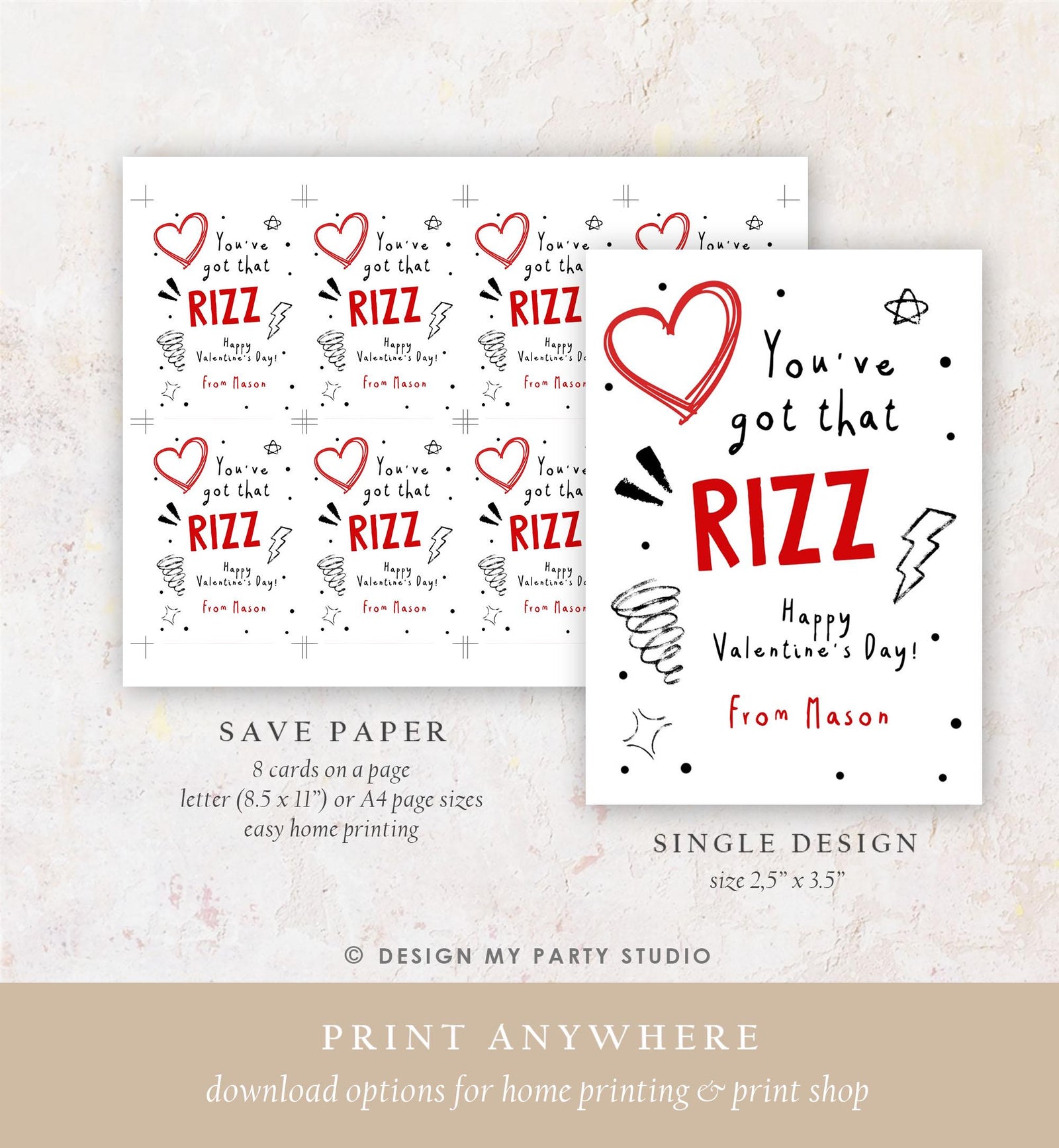 Editable Funny Valentine's Day Card Slang Valentine Kids Rizz Teen Boys Tween Tag Kids School Classroom Card Digital Template Printable 0370