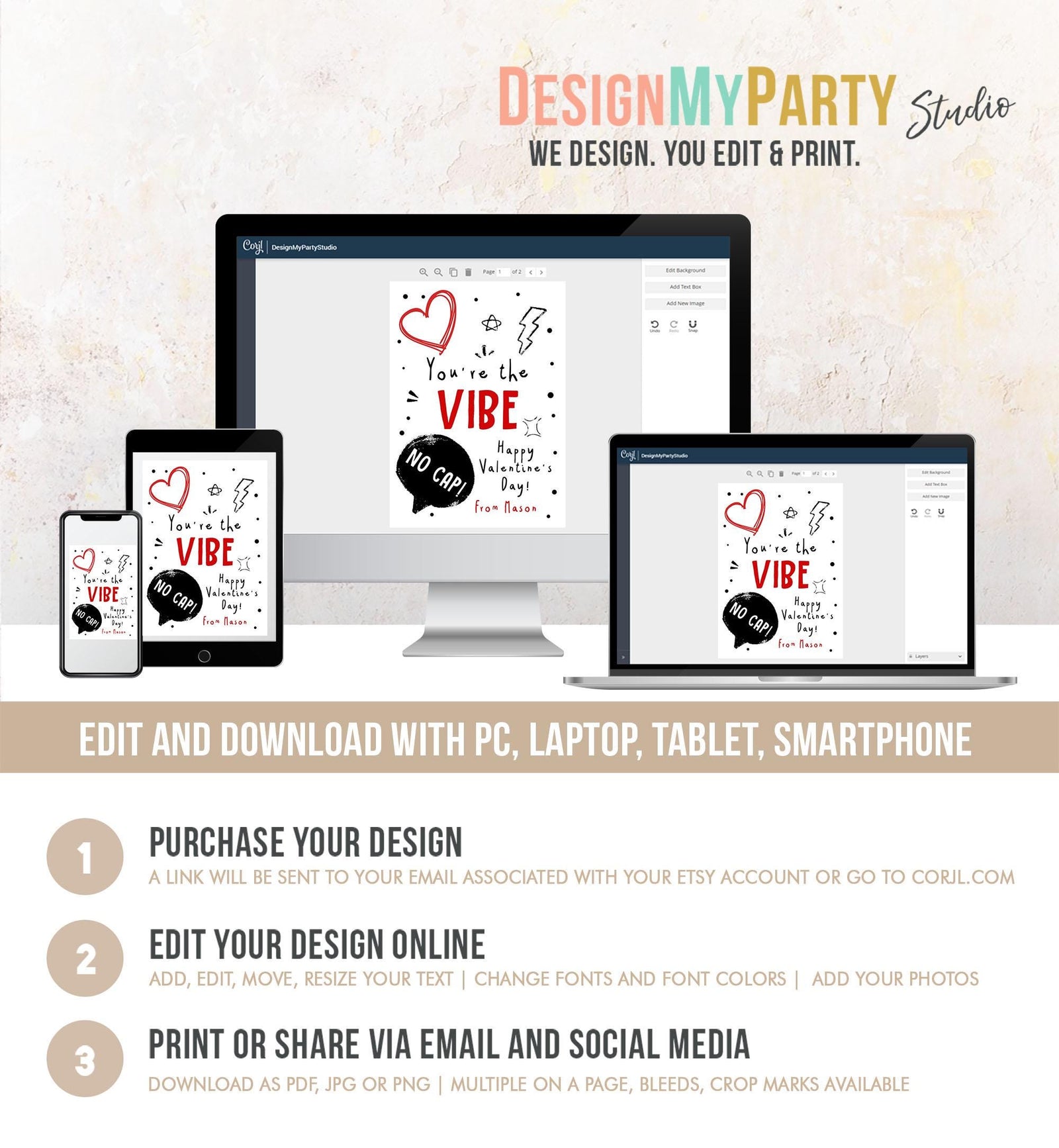 Editable Funny Valentine's Day Card Slang Valentine Kids Vibe Cap Teen Boys Tween Tag Kids School Classroom Digital Template Printable 0370