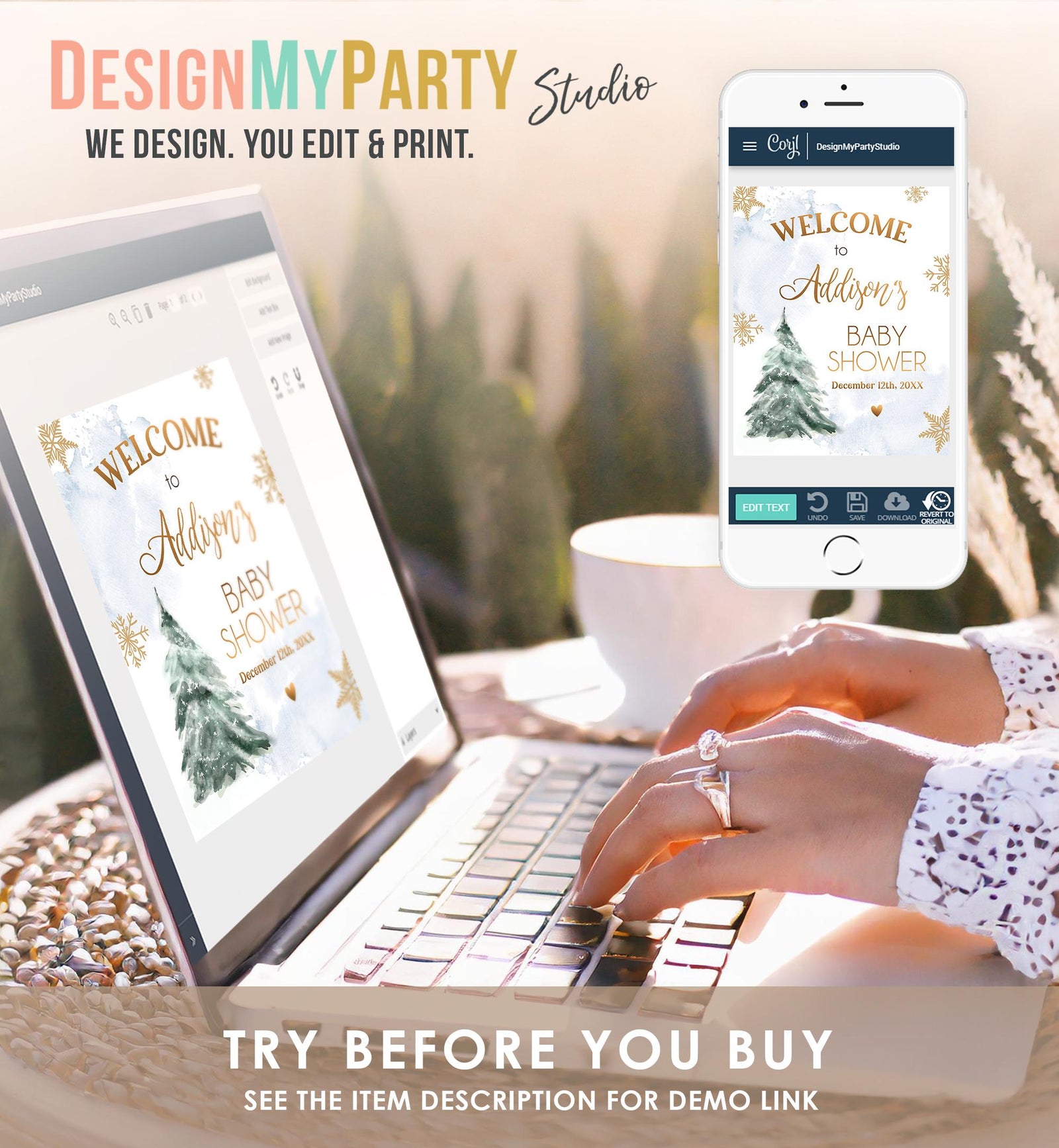 Editable Winter Tree Welcome Sign Tree Watercolor Baby Shower Boy Baby It's Cold Outside Snowflake Blue Gold Digital Template Printable 0363