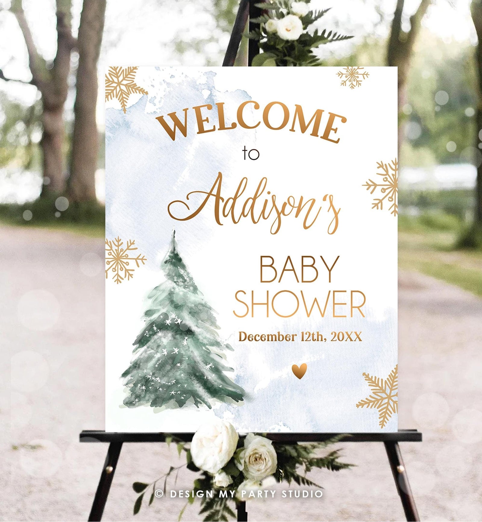 Editable Winter Tree Welcome Sign Tree Watercolor Baby Shower Boy Baby It's Cold Outside Snowflake Blue Gold Digital Template Printable 0363