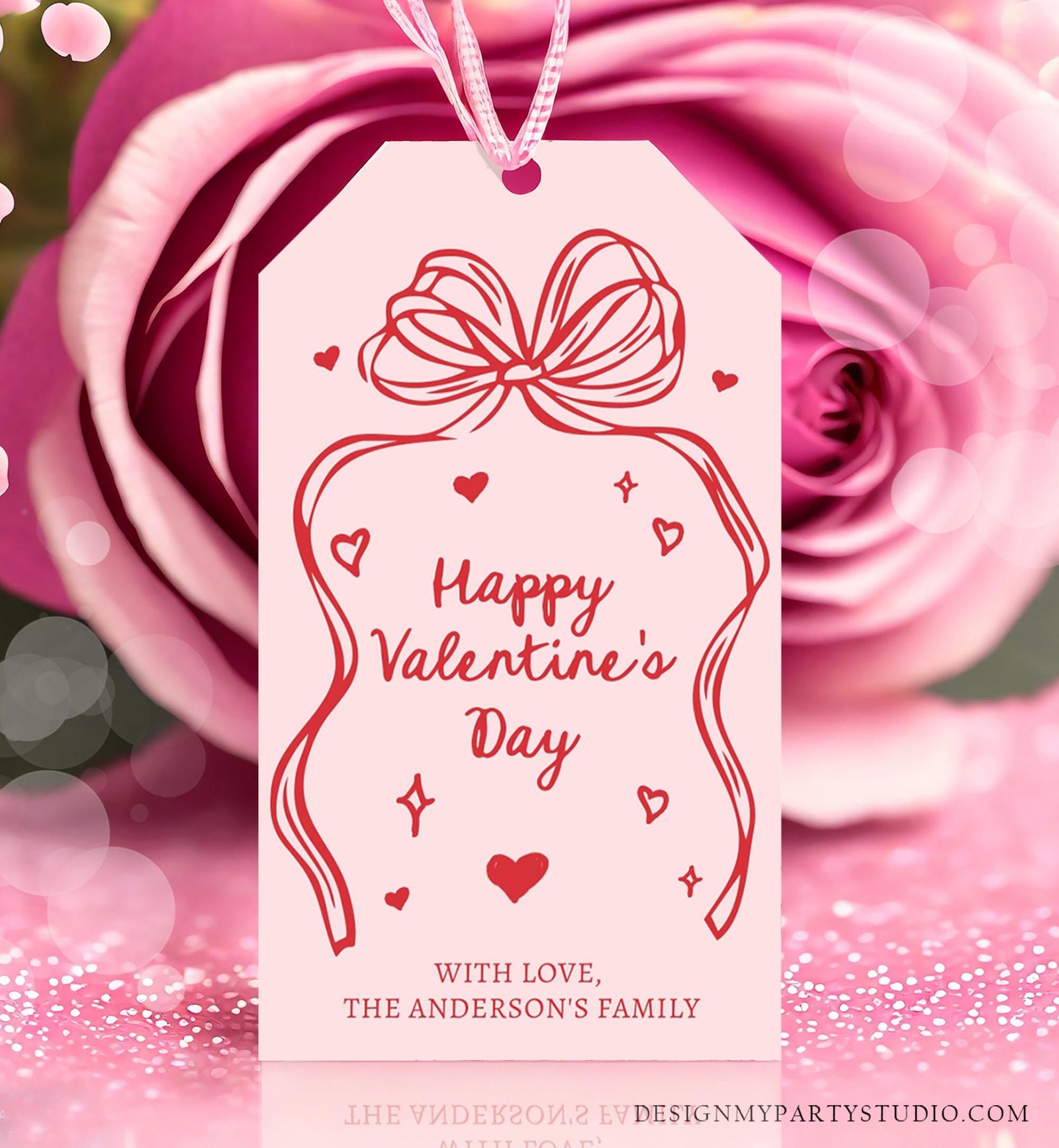 Editable Valentine's Day Tag Pink Red Bow Valentine Gift Tag Doodle Hand Drawn Coquette Kids Teacher Digital Template Printable 0370 0530