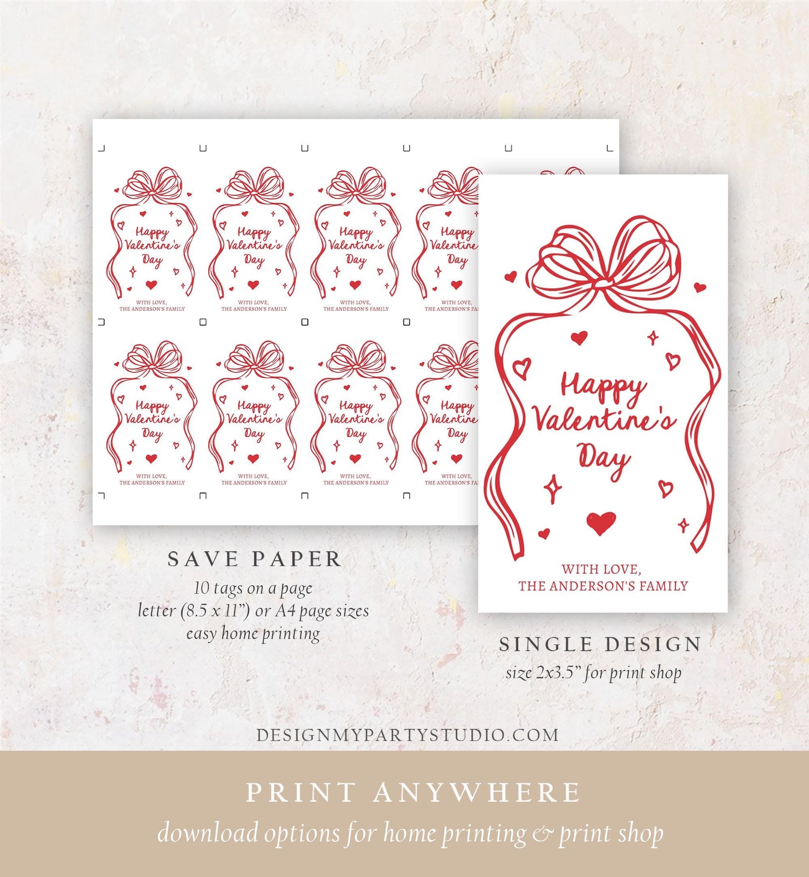 Editable Valentine's Day Tag Pink Red Bow Valentine Gift Tag Doodle Hand Drawn Coquette Kids Teacher Digital Template Printable 0370 0530