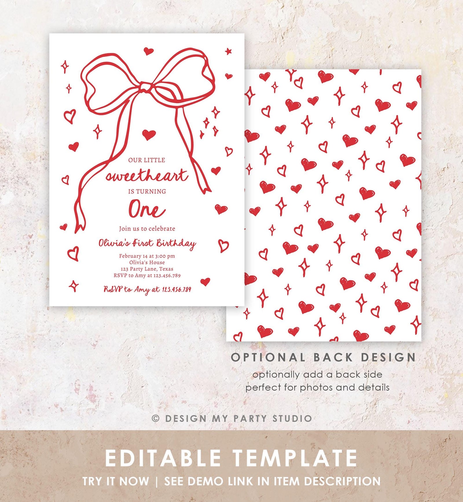 Editable Sweetheart Birthday Invitation Girls Pink Hearts Valentine Birthday 1st Hand Drawn Coquette Bow Doodle Evite Template Digital 0530