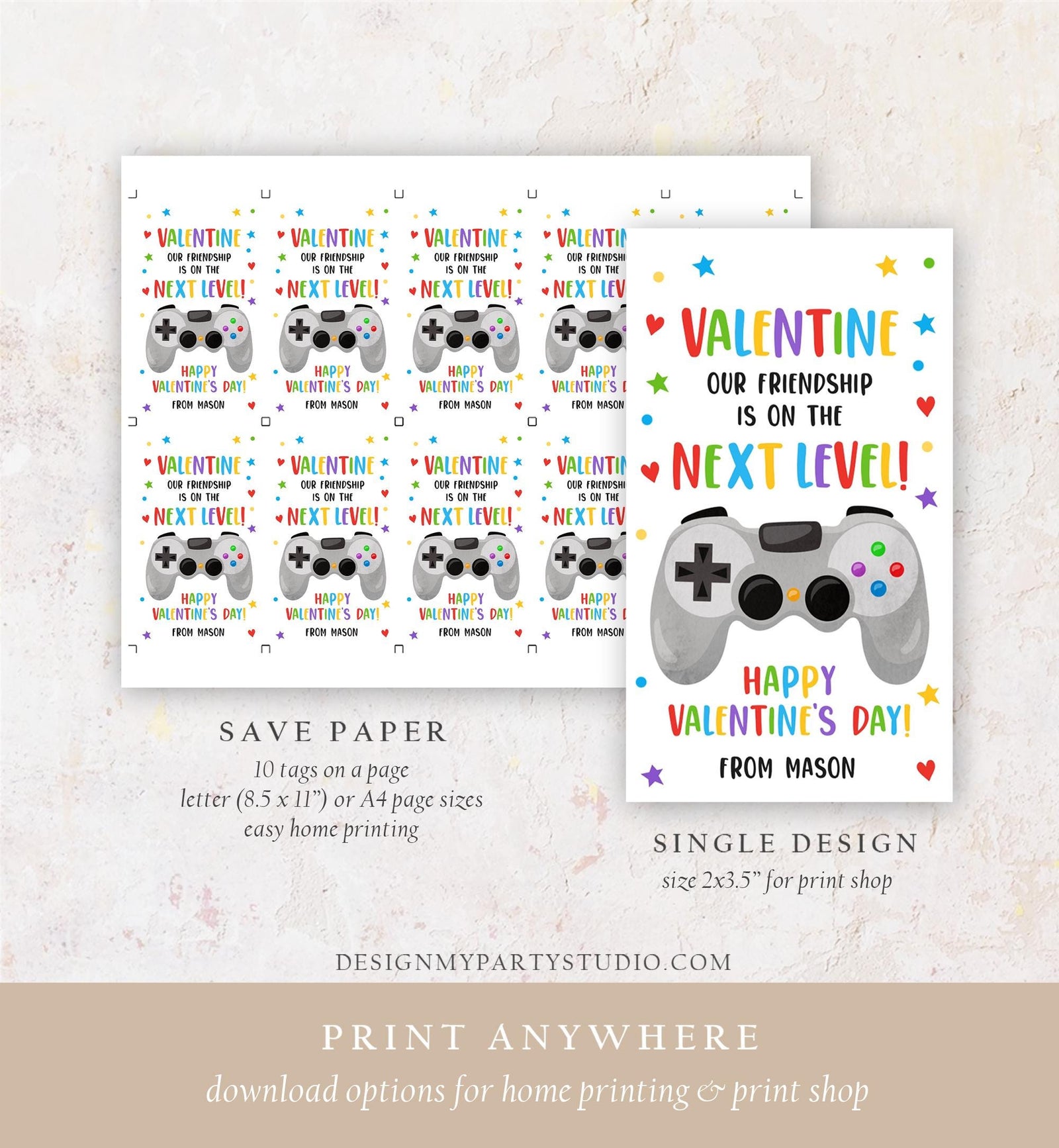 Editable Next Level Gaming Valentines Day Gift Tag Our Friendship Video Game Gamer Non-Candy Kids School Classroom Template Printable 0370