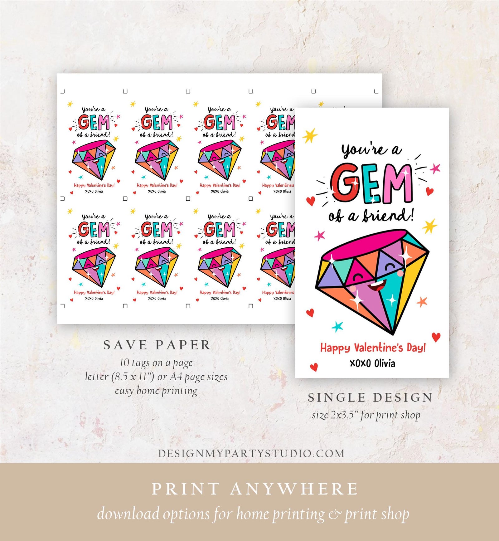Editable Valentines Day Card You're a Gem of a Friend Classroom Valentine's Gift Tag Kids School Template Printable Digital Download 0370