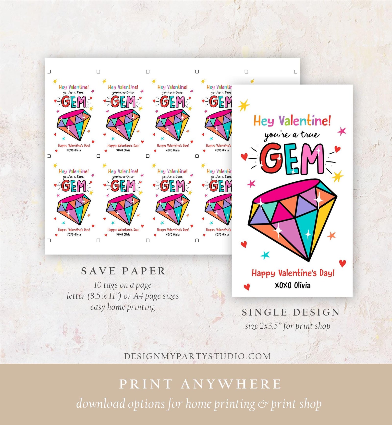 Editable Valentines Day Card You're a Gem Classroom Valentine's Gift Tag Friendship Kids School Template Printable Digital Download 0370
