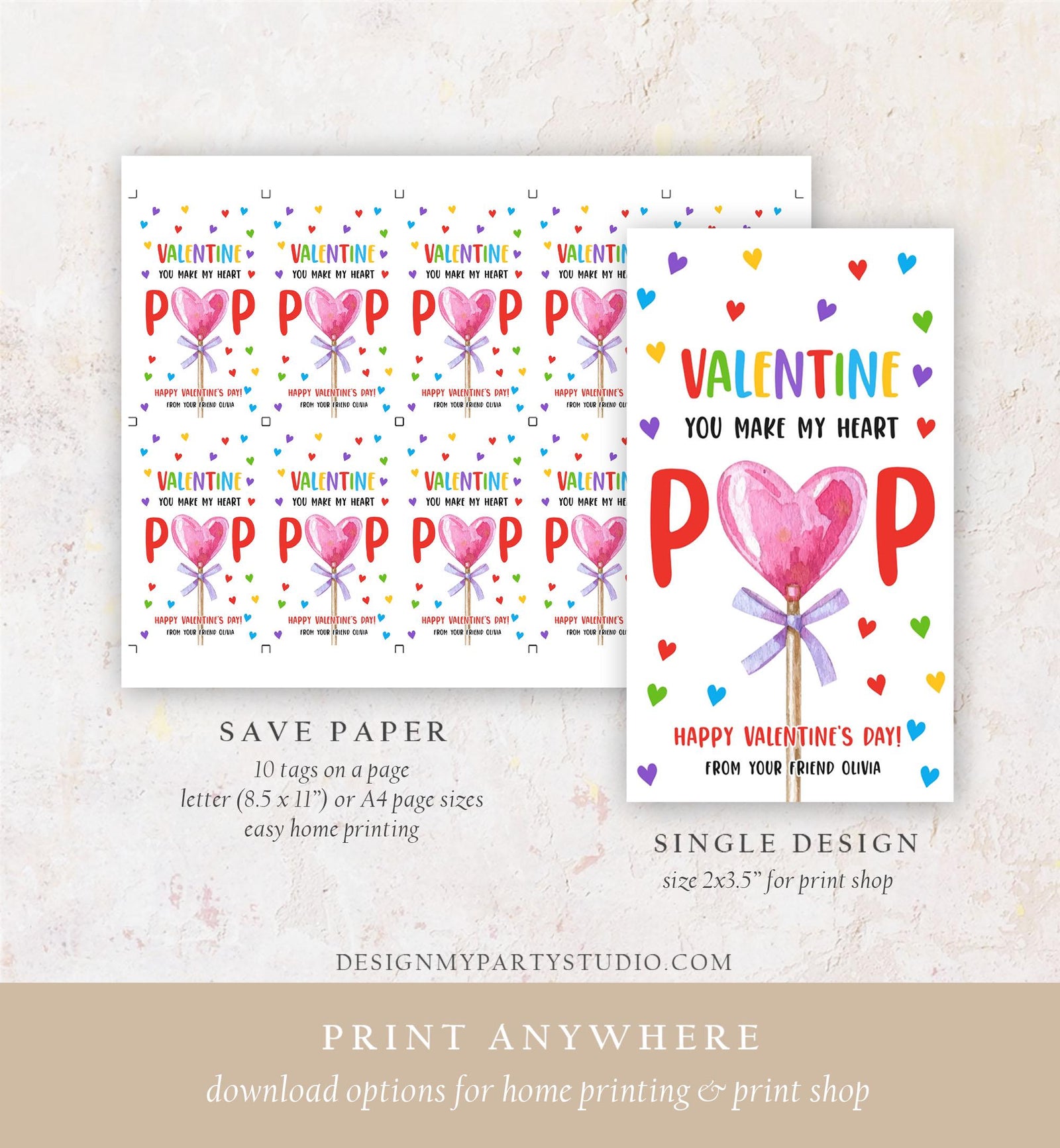 Editable Lollipop Valentines Tag Valentine's Day Gift Tag You Make My Heart Pop Sucker Kids School Classroom Digital Template Printable 0370