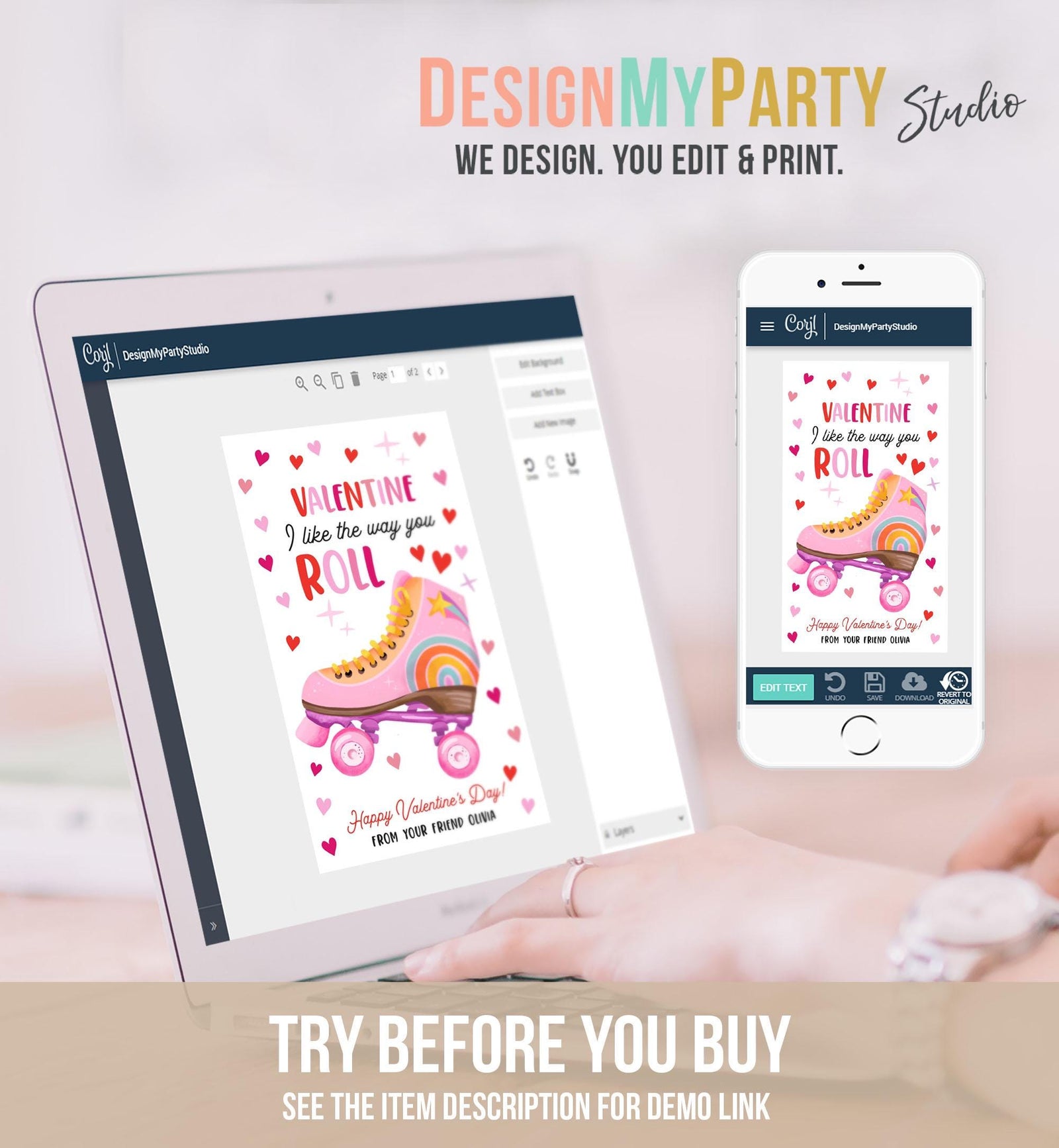 Editable Roller Skate Valentine's Day Gift Tag Valentines Card I Like The Way You Roll Kids School Classroom Digital Template Printable 0370