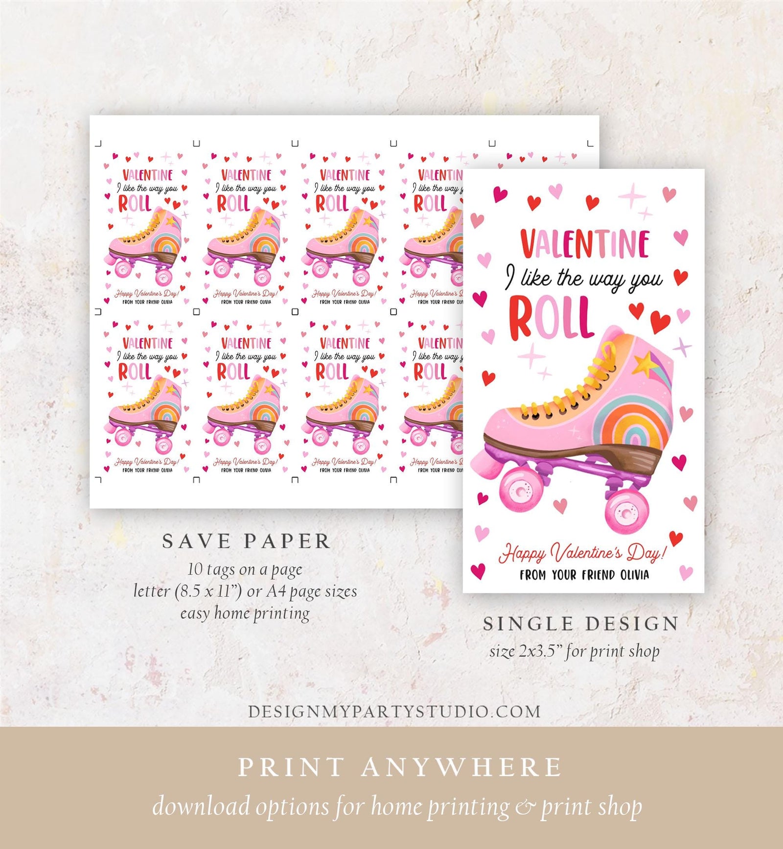 Editable Roller Skate Valentine's Day Gift Tag Valentines Card I Like The Way You Roll Kids School Classroom Digital Template Printable 0370