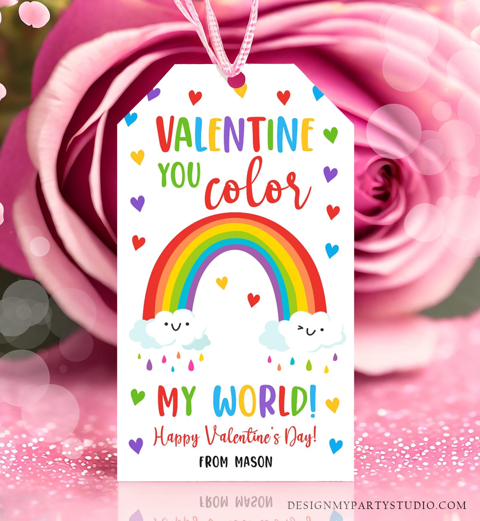 Editable Rainbow Valentine's Day Gift Tag You Color My World Valentine Card Crayon Classroom School Digital Download Template Printable 0370