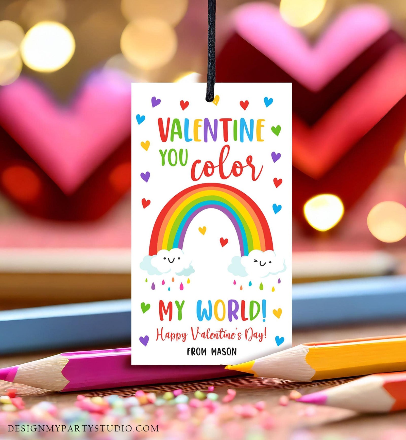 Editable Rainbow Valentine's Day Gift Tag You Color My World Valentine Card Crayon Classroom School Digital Download Template Printable 0370