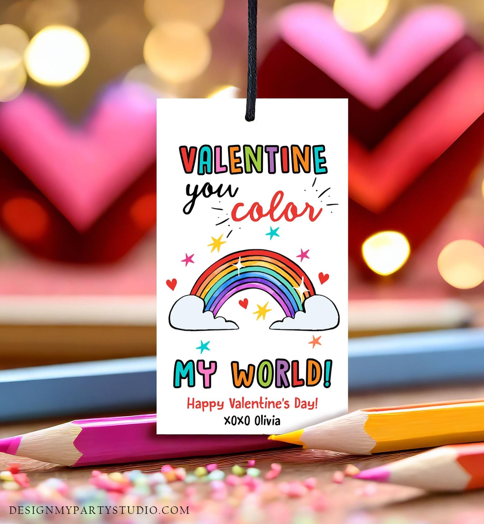 Editable Rainbow Valentine's Day Gift Tag You Color My World Valentine Card Crayon Classroom School Digital Download Template Printable 0370
