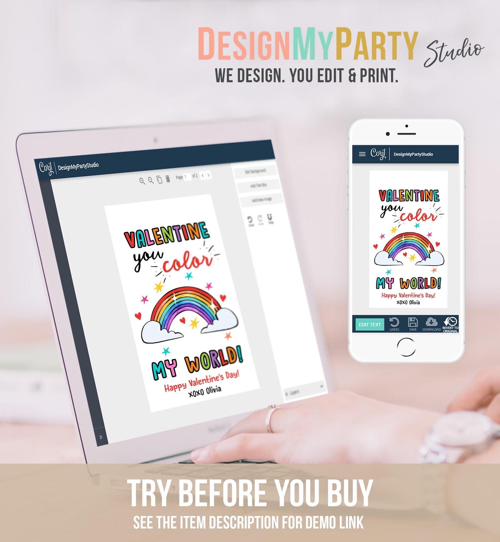 Editable Rainbow Valentine's Day Gift Tag You Color My World Valentine Card Crayon Classroom School Digital Download Template Printable 0370