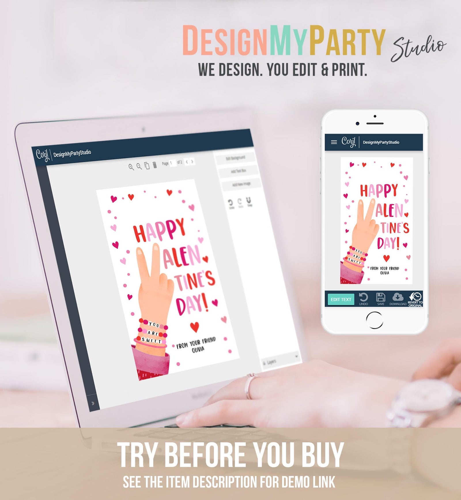 Editable Bracelet Valentines Tag Happy Valentine's Day Gift Tag Card You Are Sweet Girls Kids School Classroom Digital Printable 0370